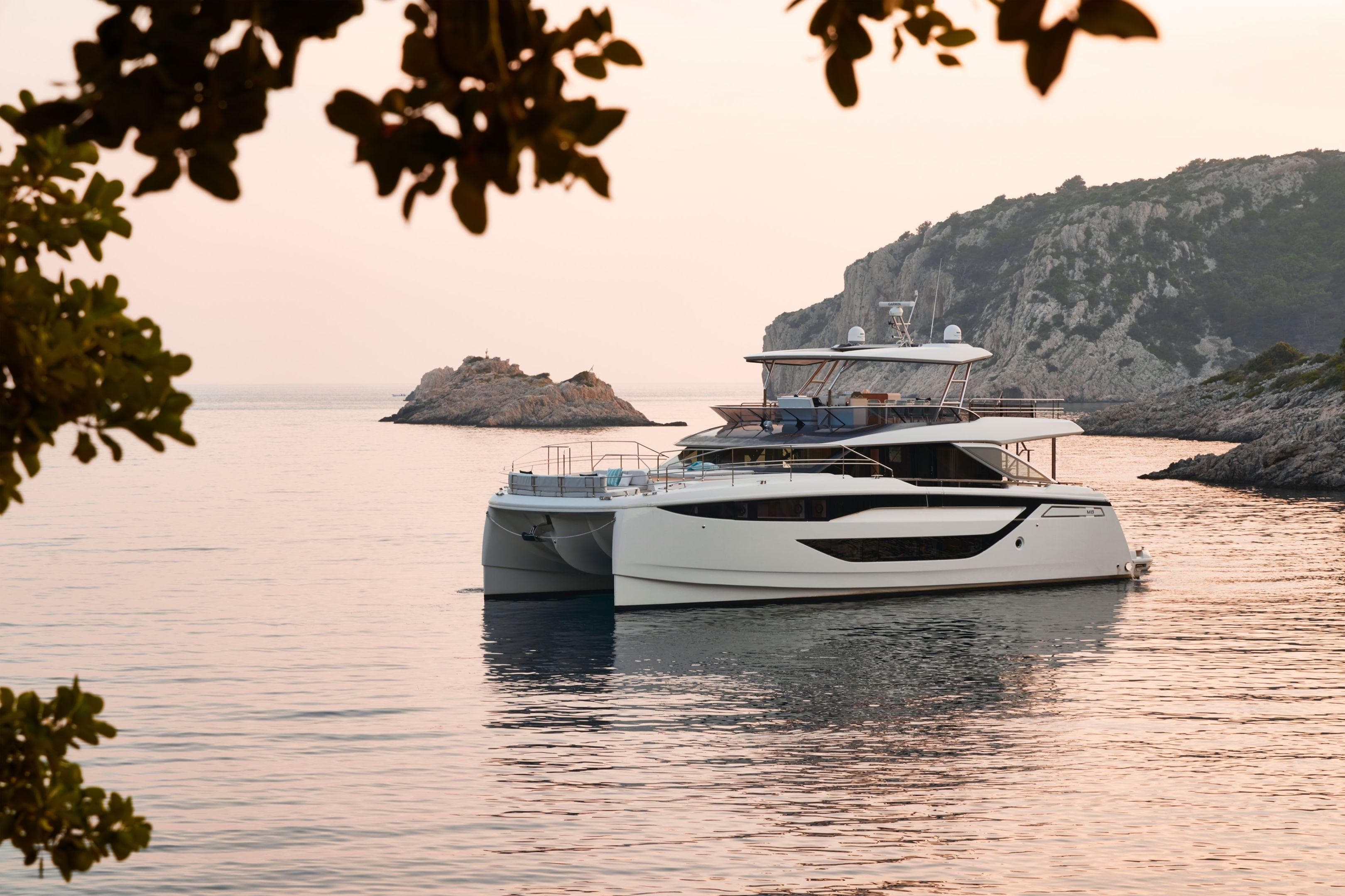 Luxury Prestige M8 yacht in serene coastal waters, 2026 model.
