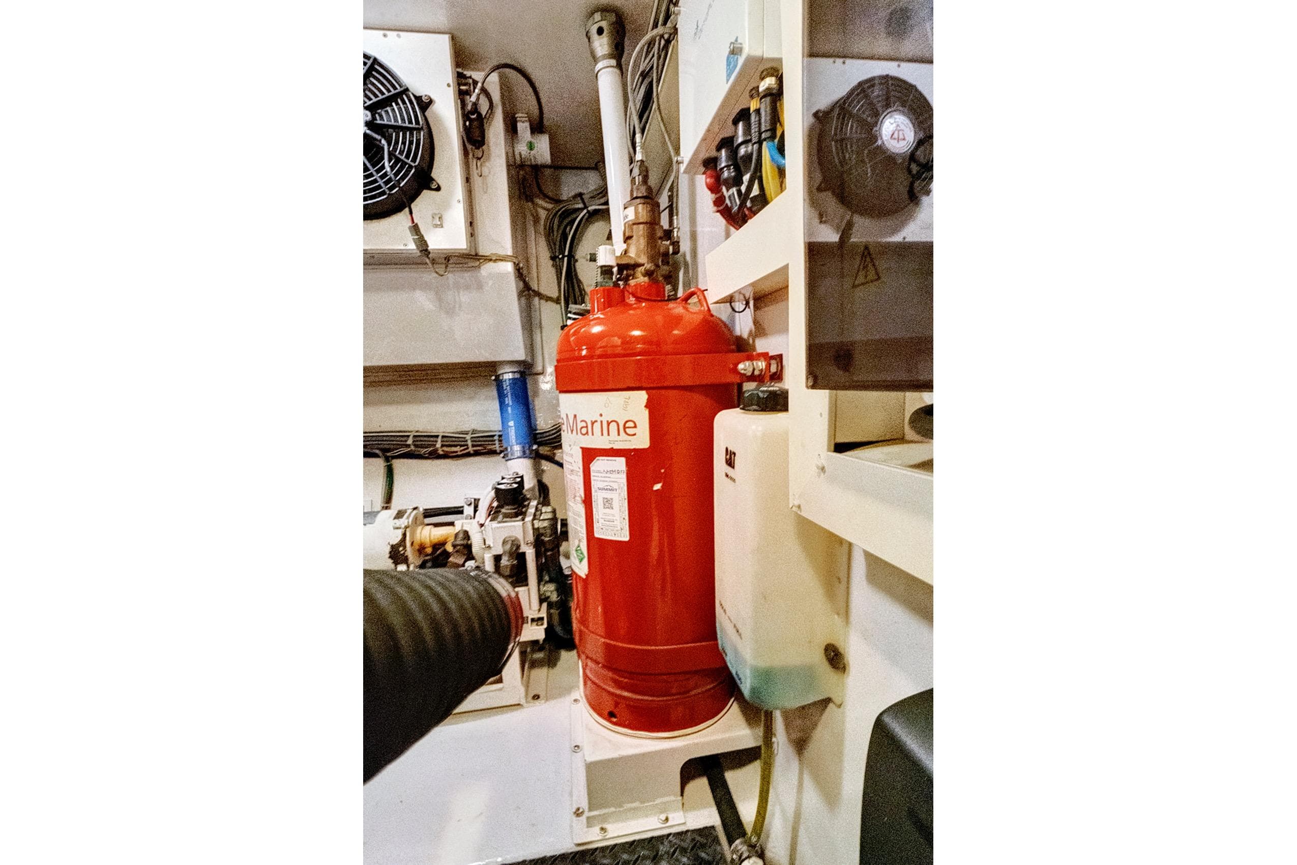 Engine room of 2008 Viking 74 Enclosed Bridge with fire suppression system.