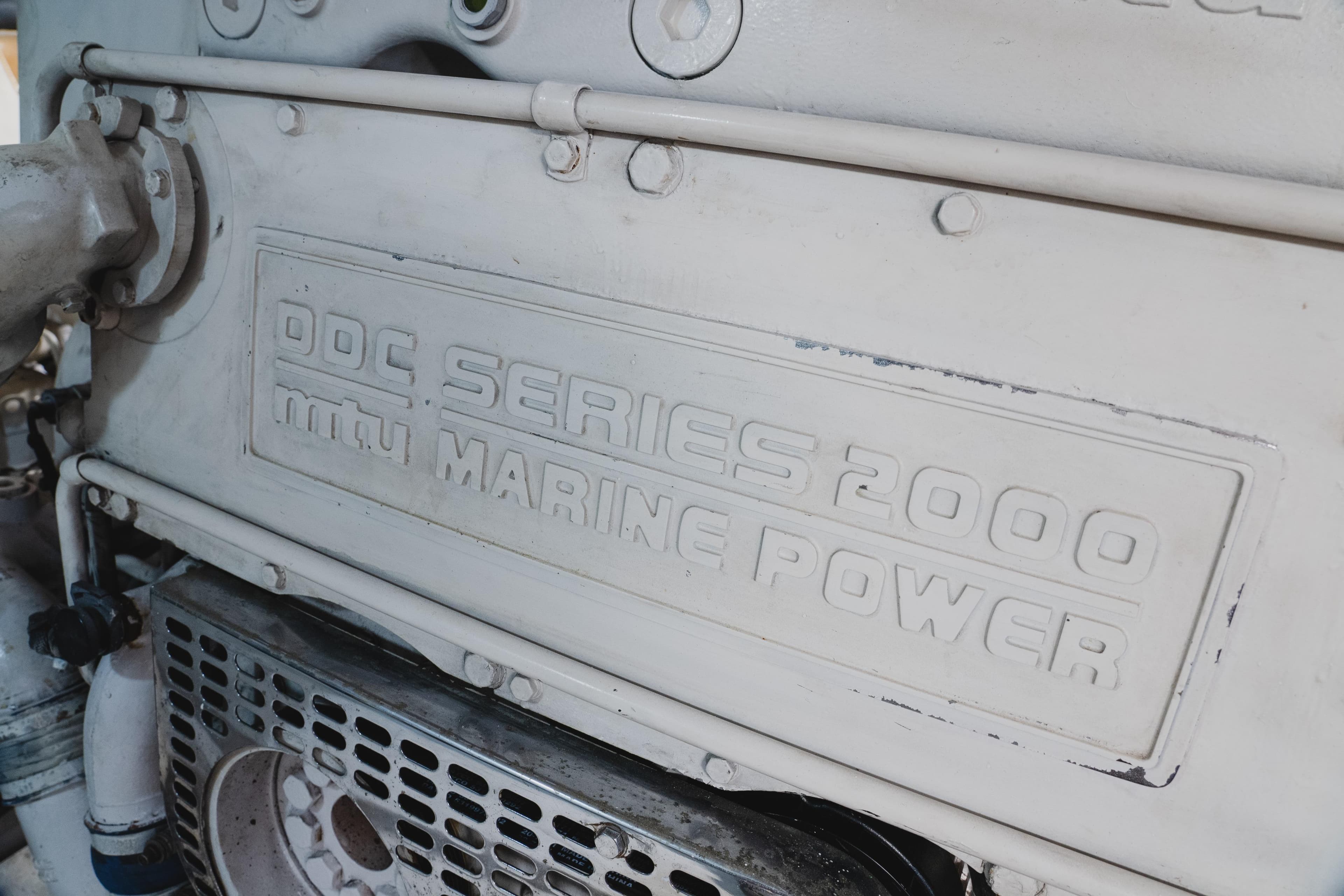 Engine detail of a 1999 Viking 58 Convertible, featuring DDC Series 2000 MTU Marine Power.