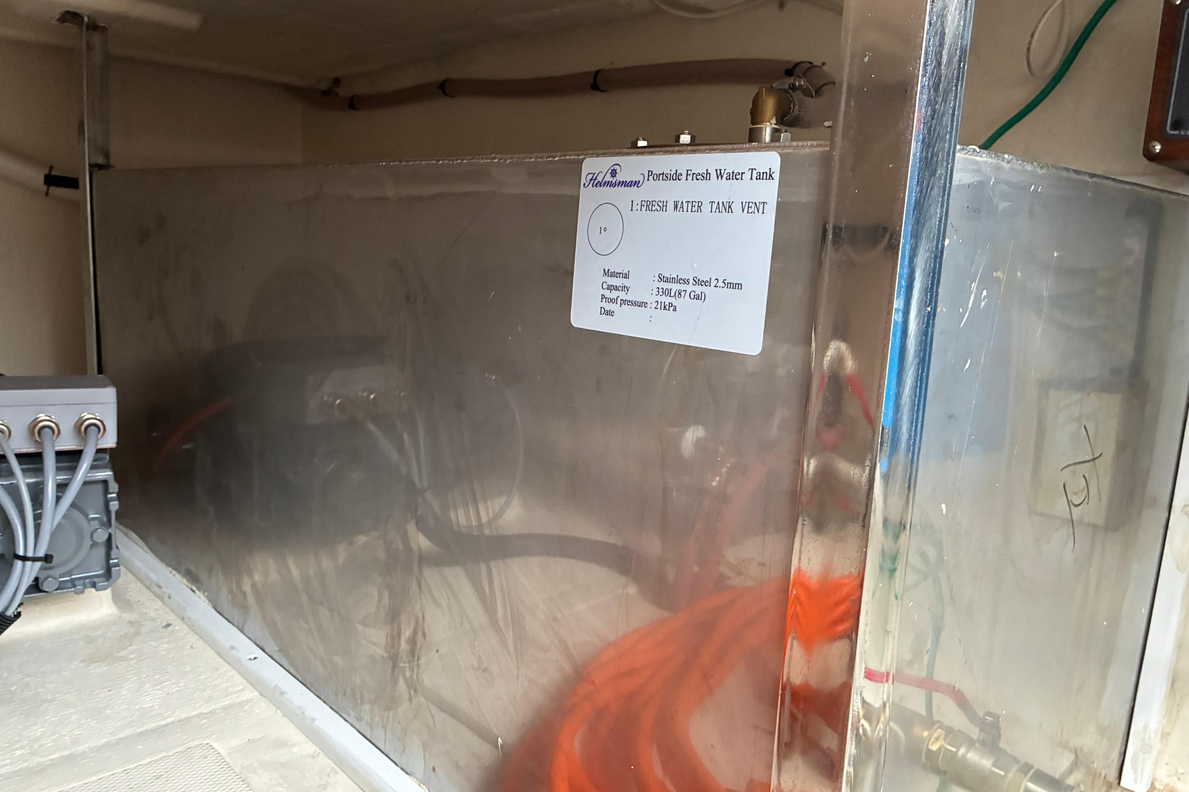 Stainless steel fresh water tank in 2024 Helmsman Trawlers 43E Pilothouse boat.
