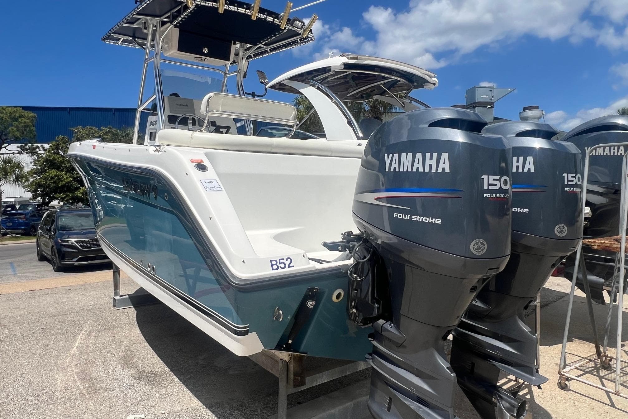 2007 Century 2400 Center Console boat with twin Yamaha 150 four-stroke engines.