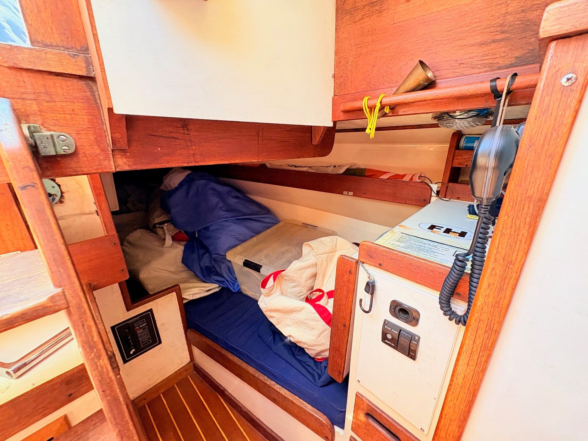 Interior of a 1972 Tartan 34 Classic yacht with wooden finish.
