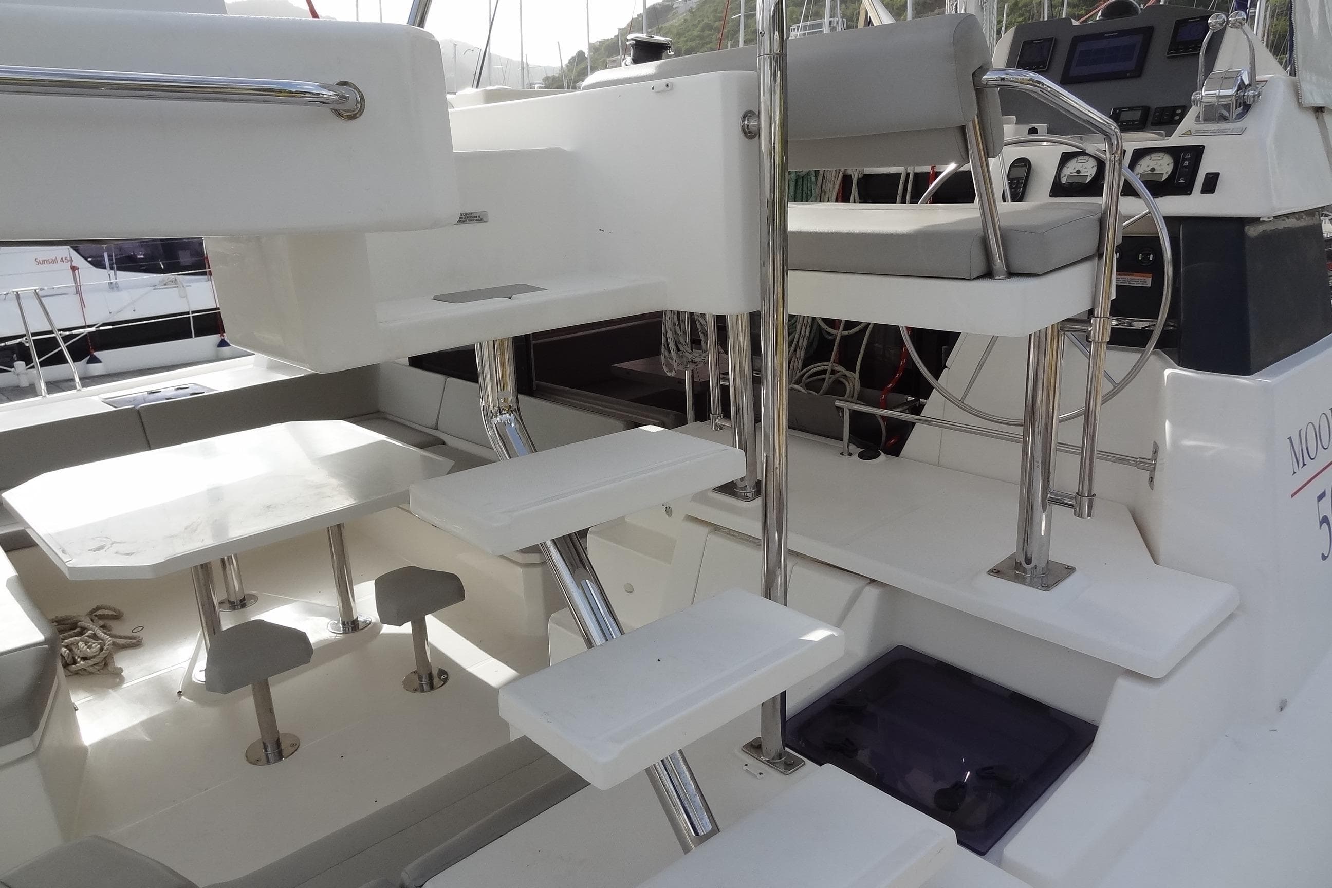 Leopard 50 yacht interior with modern seating and navigation area, 2021 model.