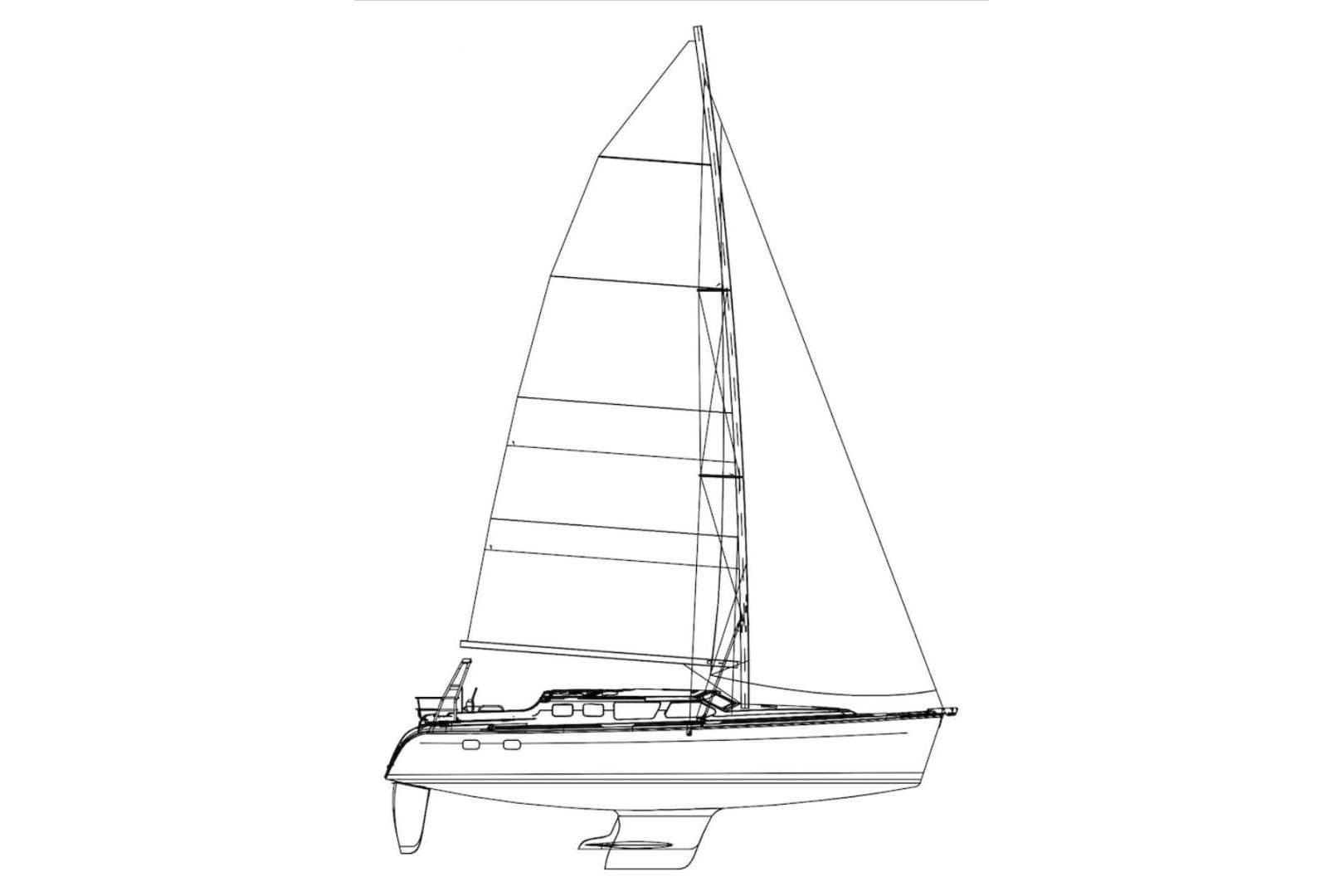 Line drawing of a 2004 Hunter 44 sailboat, showcasing its sleek design and sail configuration.