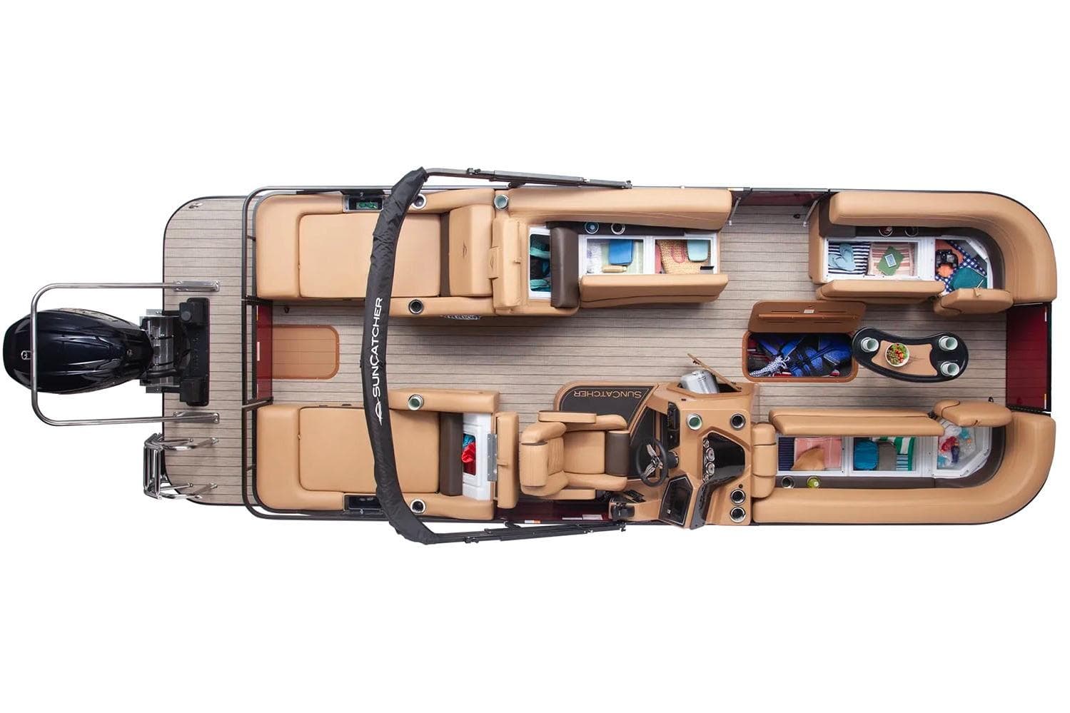 Manufacturer Provided Image: 2026 SunCatcher Fusion 324SS pontoon boat, top view, showcasing spacious seating and modern design.