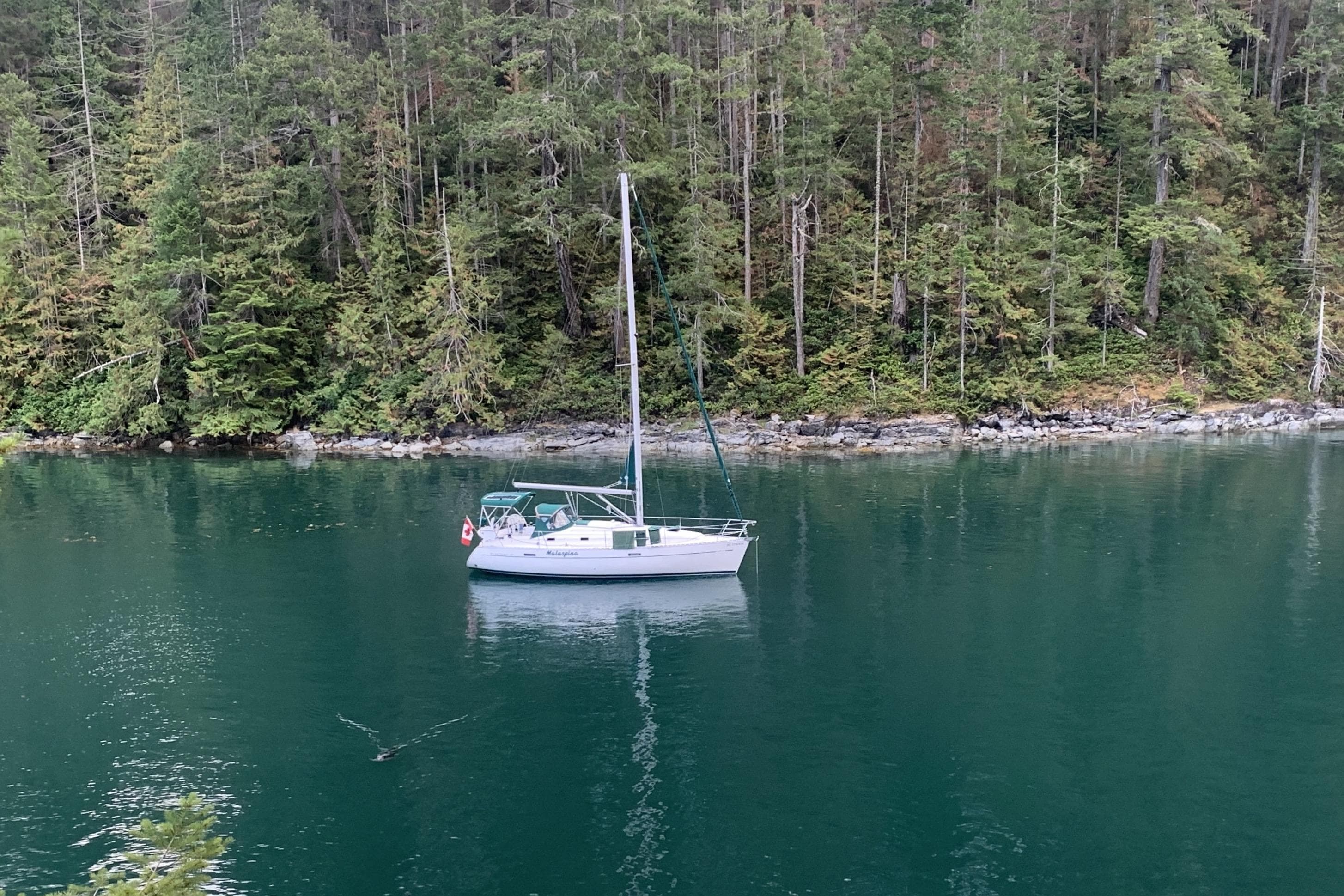 Sailboat Beneteau Oceanis 331 (2001) anchored in serene forested waters.