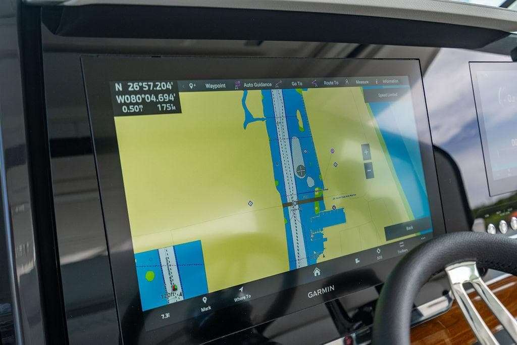Garmin navigation display on 2025 Tiara Yachts 48 LS, showing nautical chart and coordinates.