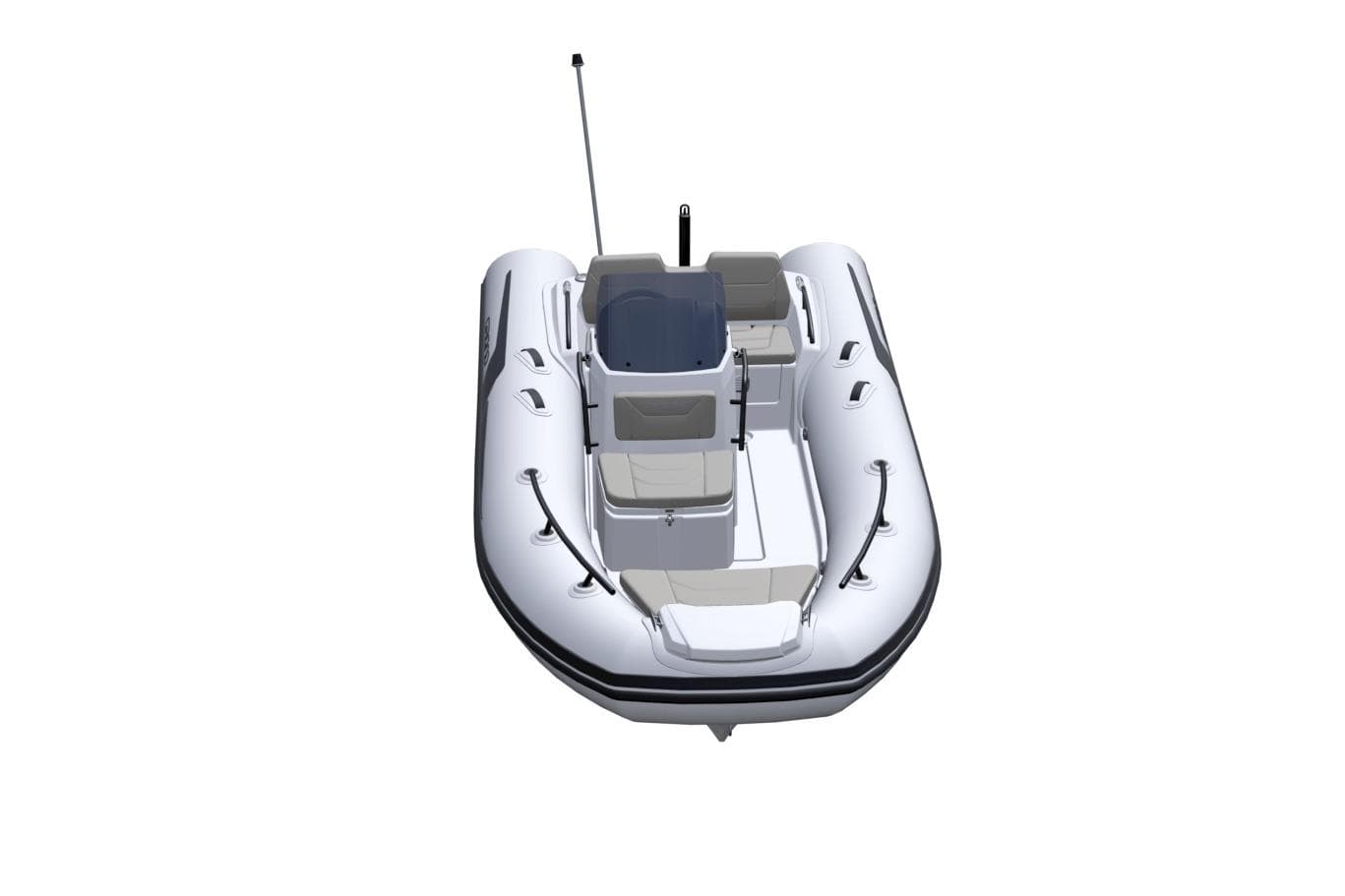 2026 Grand Inflatables G420 boat, white with seating and steering console, viewed from above.