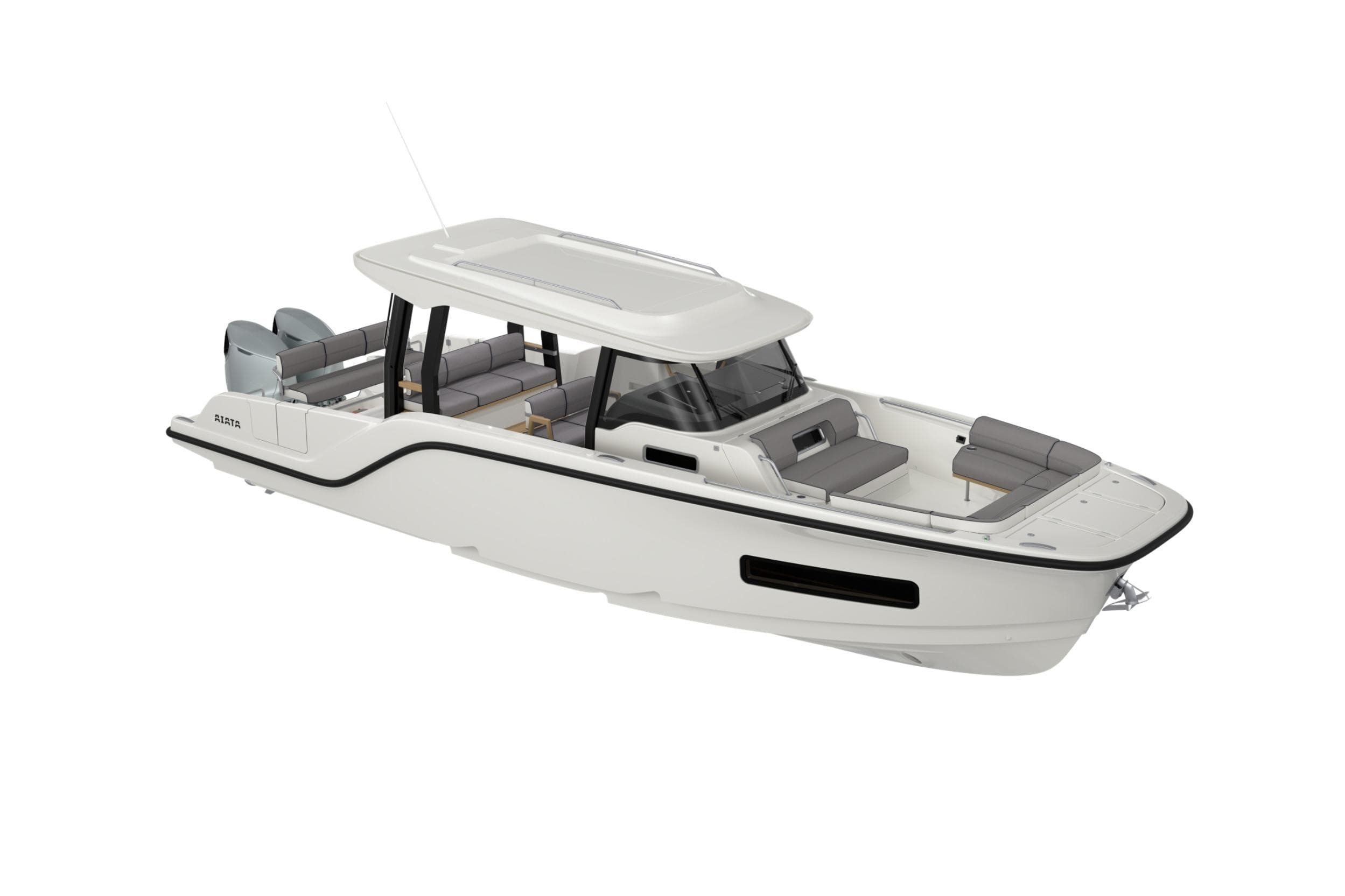 2026 Aiata Wayfinder 38 Suntop boat, sleek design, spacious seating, modern features.