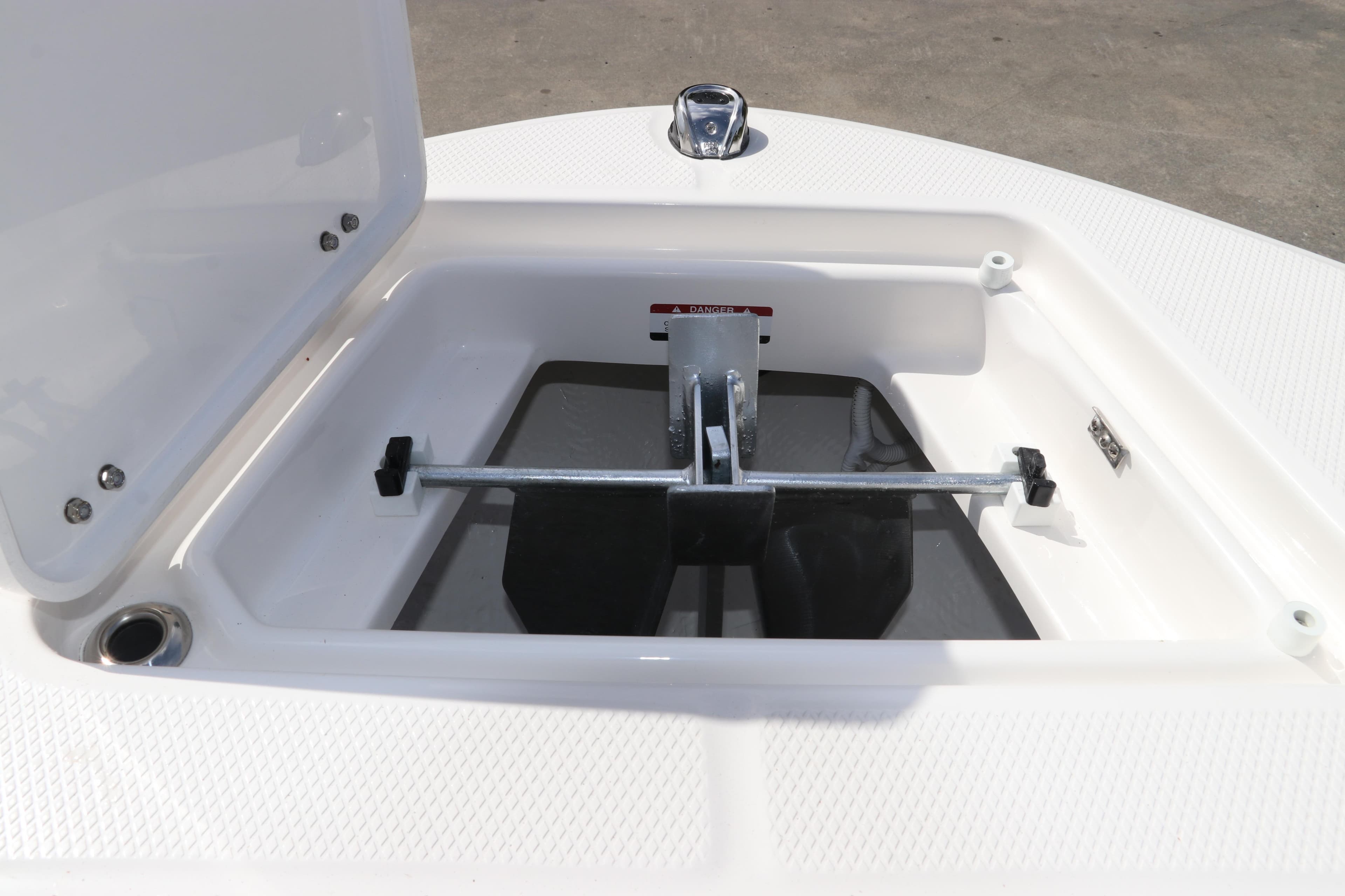 Anchor storage compartment on 2026 Robalo R202 Explorer boat.