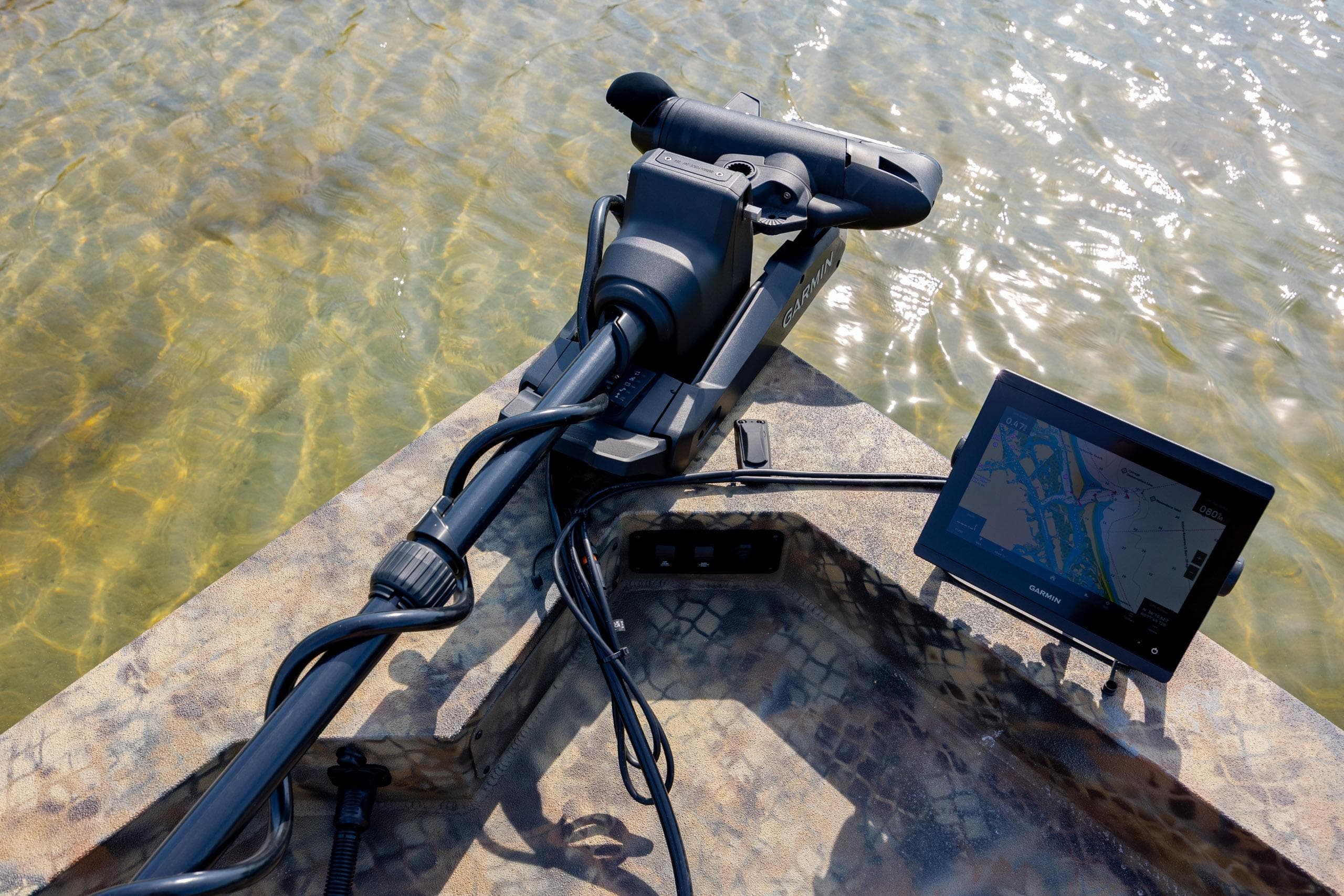 Trolling motor and navigation system on 2026 Excel 203 Bay Pro Elite boat.