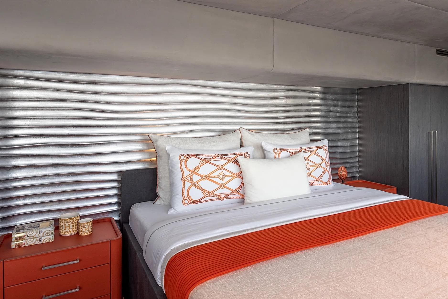 Luxurious bedroom interior on VisionF 82 yacht, featuring modern design and elegant decor, 2024 model.