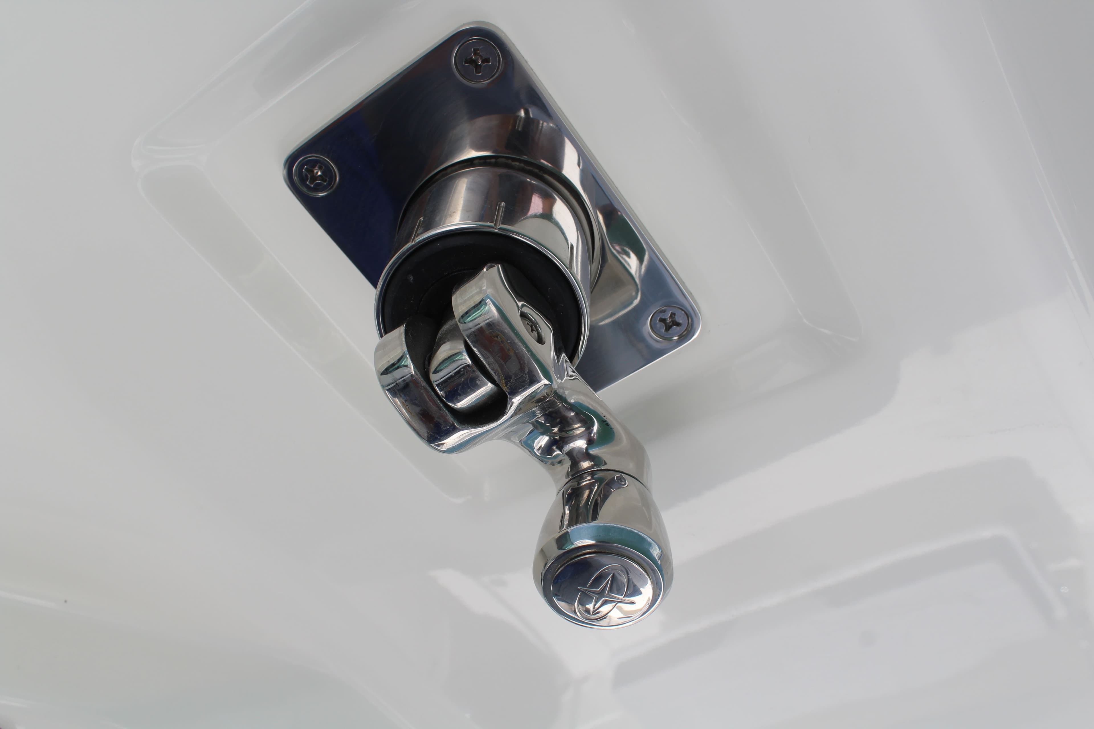 Close-up of stainless steel fitting on a 2026 Boston Whaler 330 Outrage.