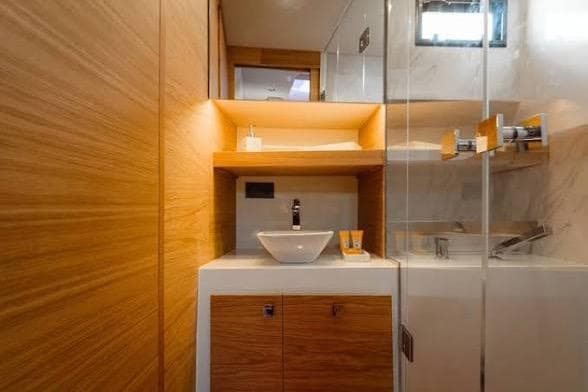 Luxurious bathroom interior of 2024 De Antonio Yachts D50 OPEN with modern fixtures.
