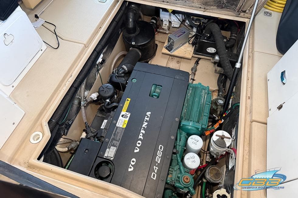 Engine compartment of 2013 Cutwater C-28 boat with Volvo Penta D4-260 engine.