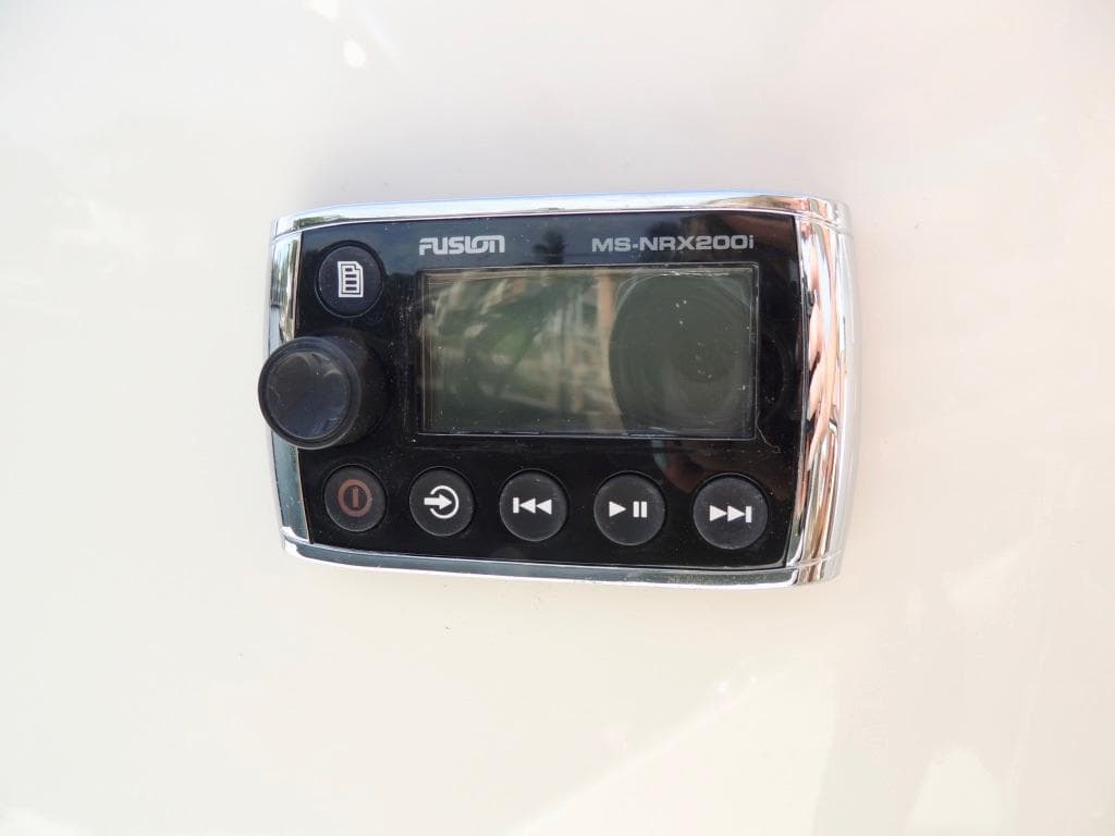 Fusion MS-NRX200i marine stereo controller on a 2016 Sea Ray 350 Sundancer.