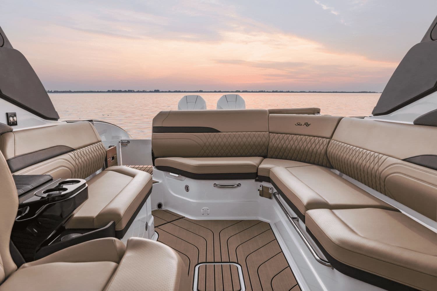 Interior of 2026 Sea Ray SLX 280 Outboard at sunset.
