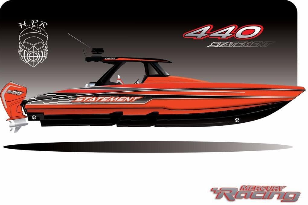 Red R-Sport Powerboats 47, 2027 model, with Mercury Racing engine, sleek design.