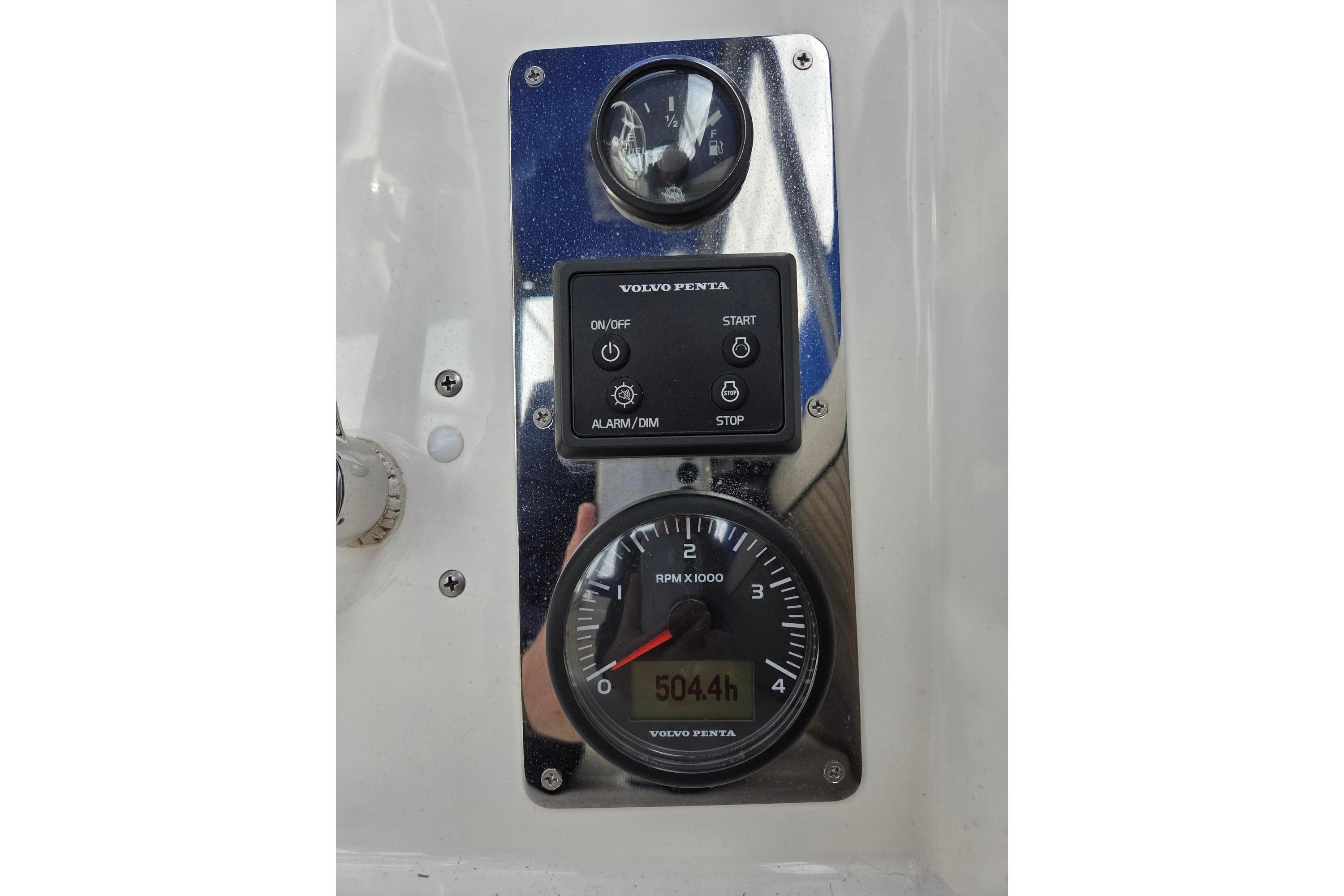 Engine panel of a 2021 Bavaria Cruiser 34 sailboat with Volvo Penta display.