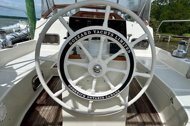 Steering wheel of 2016 Gozzard 41 RC yacht, featuring "Gozzard Yachts Limited" branding.
