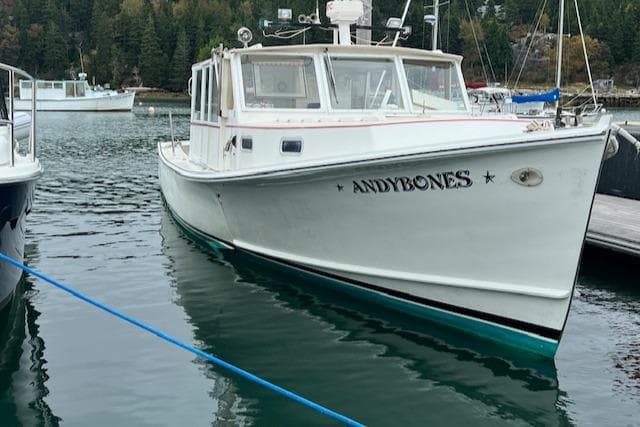 1972 REPCO Buxton Downeast Hardtop Cruiser named "ANDYBONES" docked in a serene harbor.