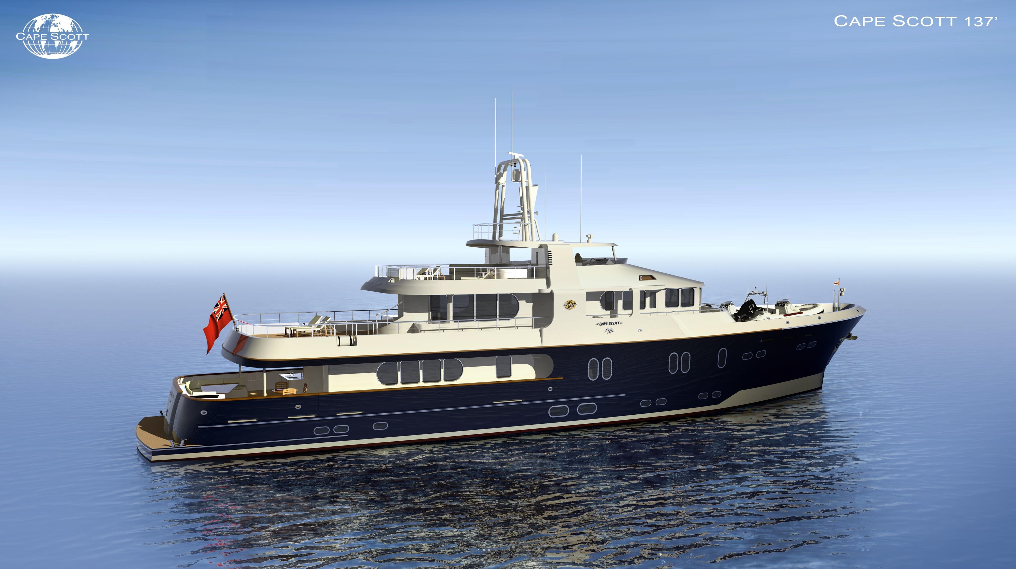 Luxury yacht Cape Scott 137, 2024 model, cruising on calm ocean waters.