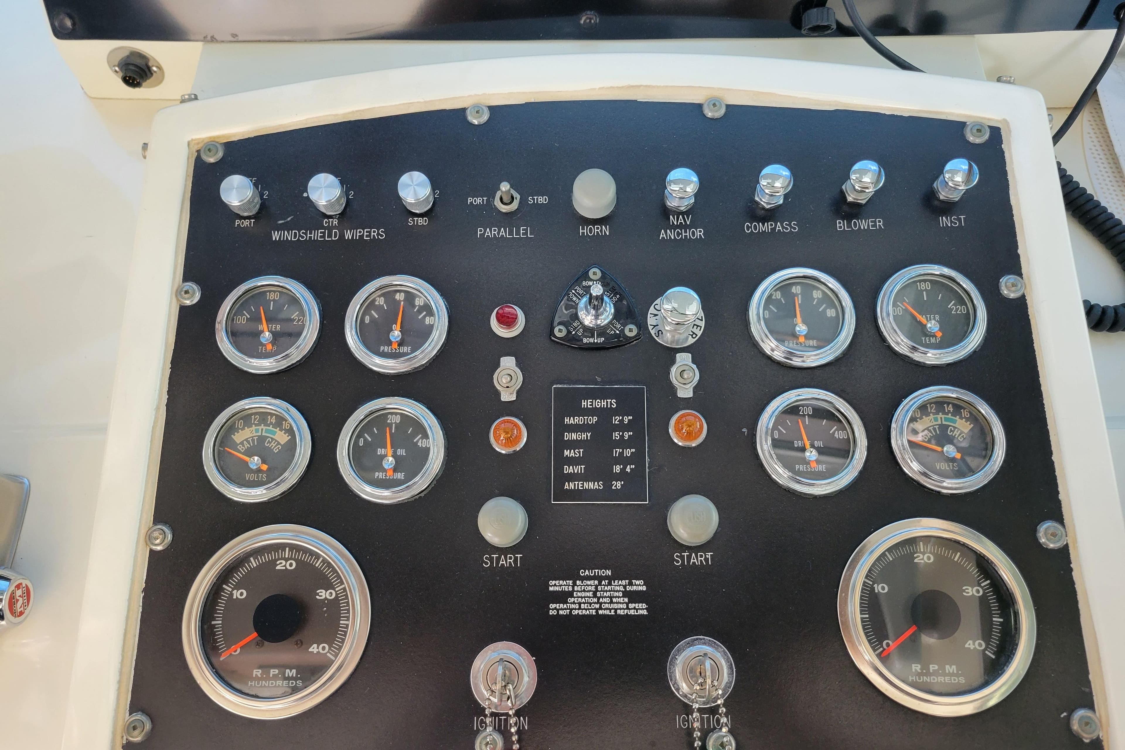 Control panel of a 1977 Hatteras 43 Double Cabin boat with gauges and switches.