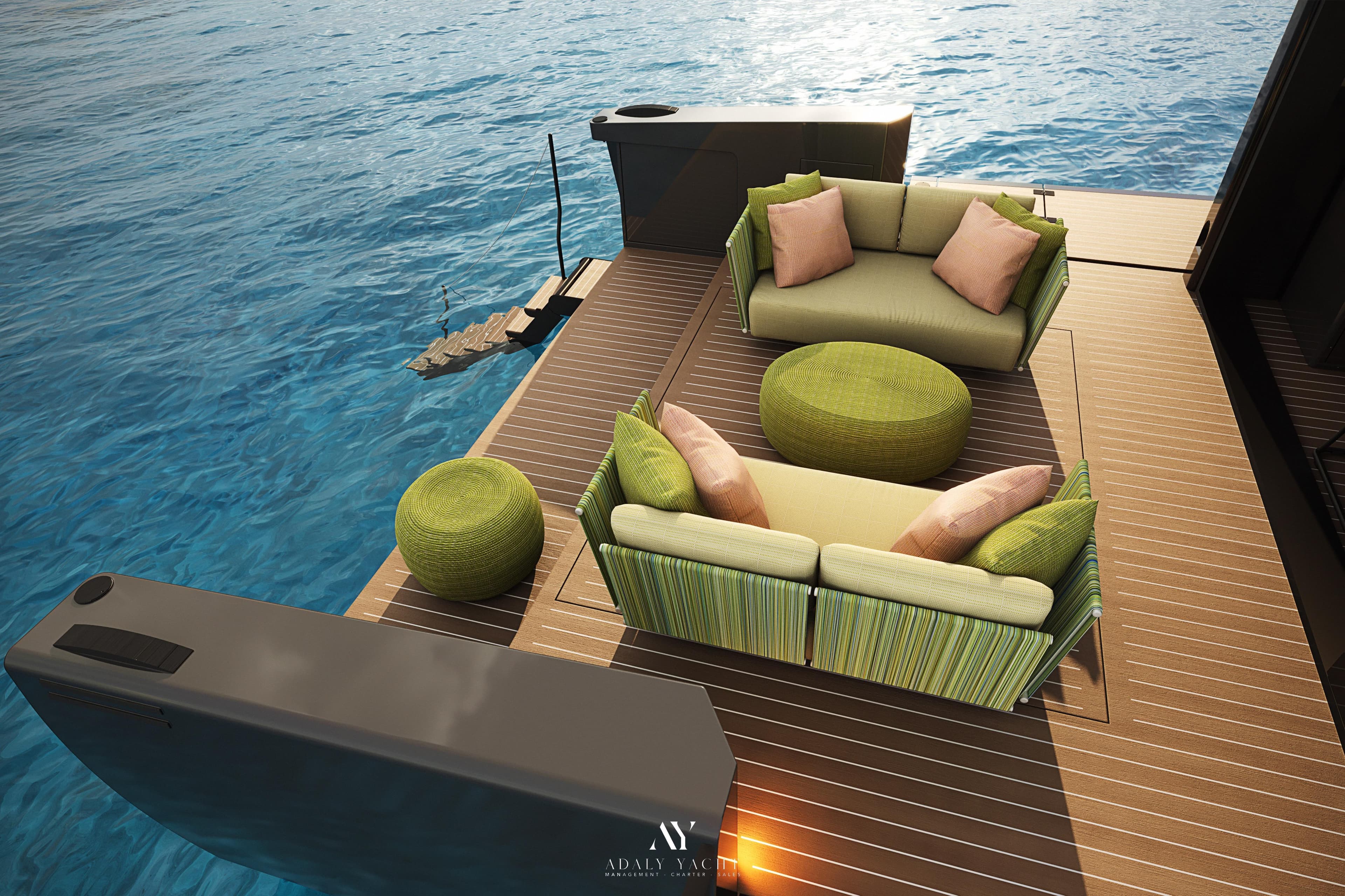 Elegant Outdoor Lounge Yacht – Teak Deck & Premium Seating Area