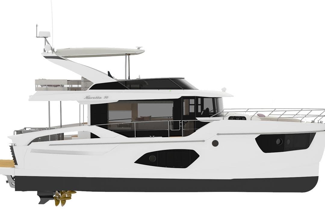 2028 Absolute 50 Navetta luxury yacht, side view, sleek design, modern features.