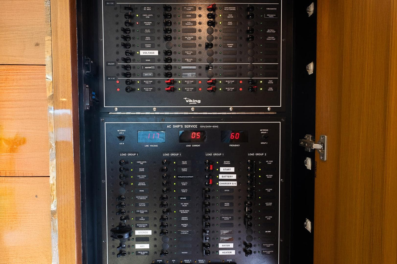 Electrical control panel on a 2003 Viking 48 Convertible yacht.