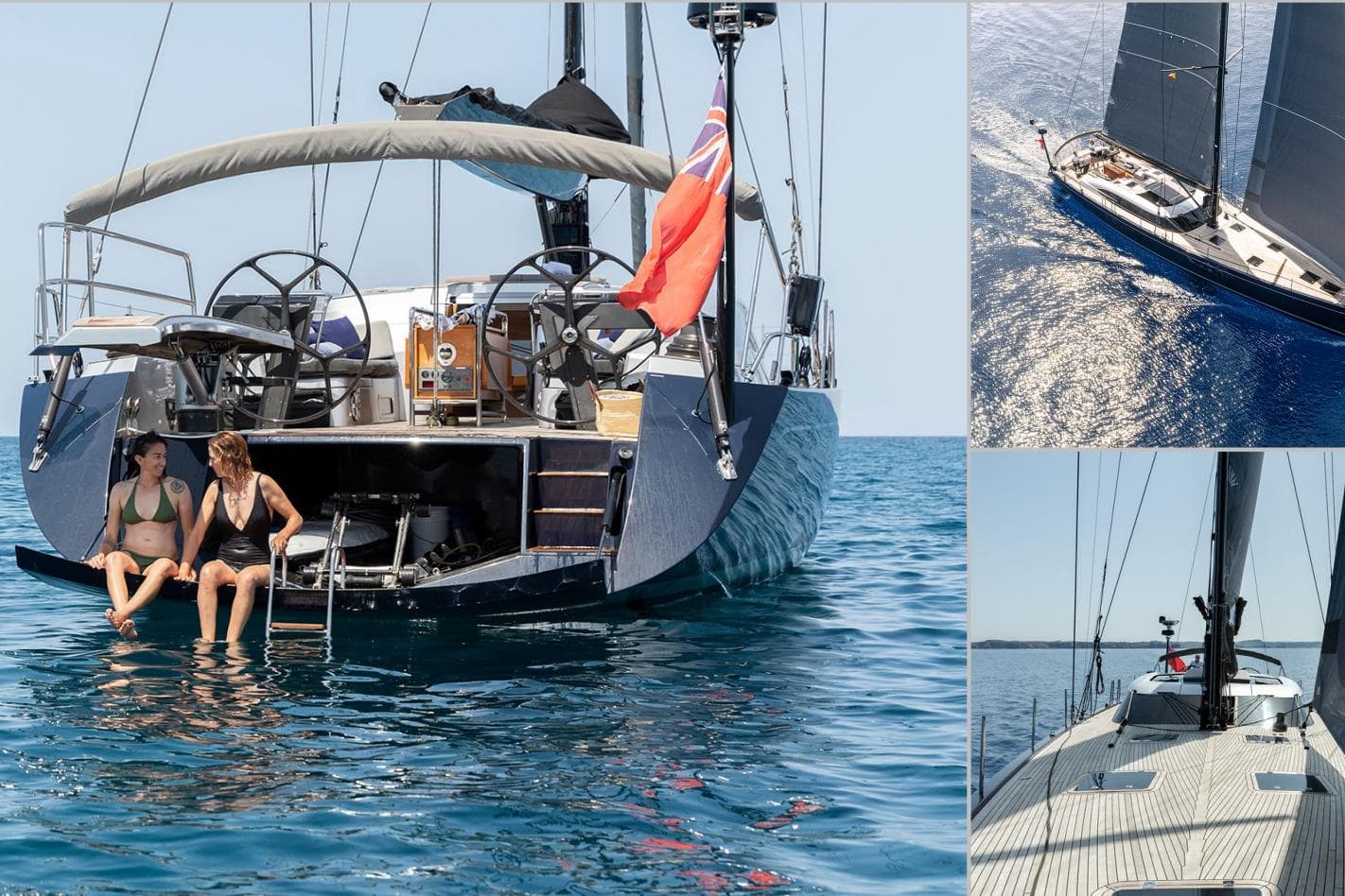 Luxury Shipman 72 yacht, 2009 model, with people relaxing and sailing on open water.