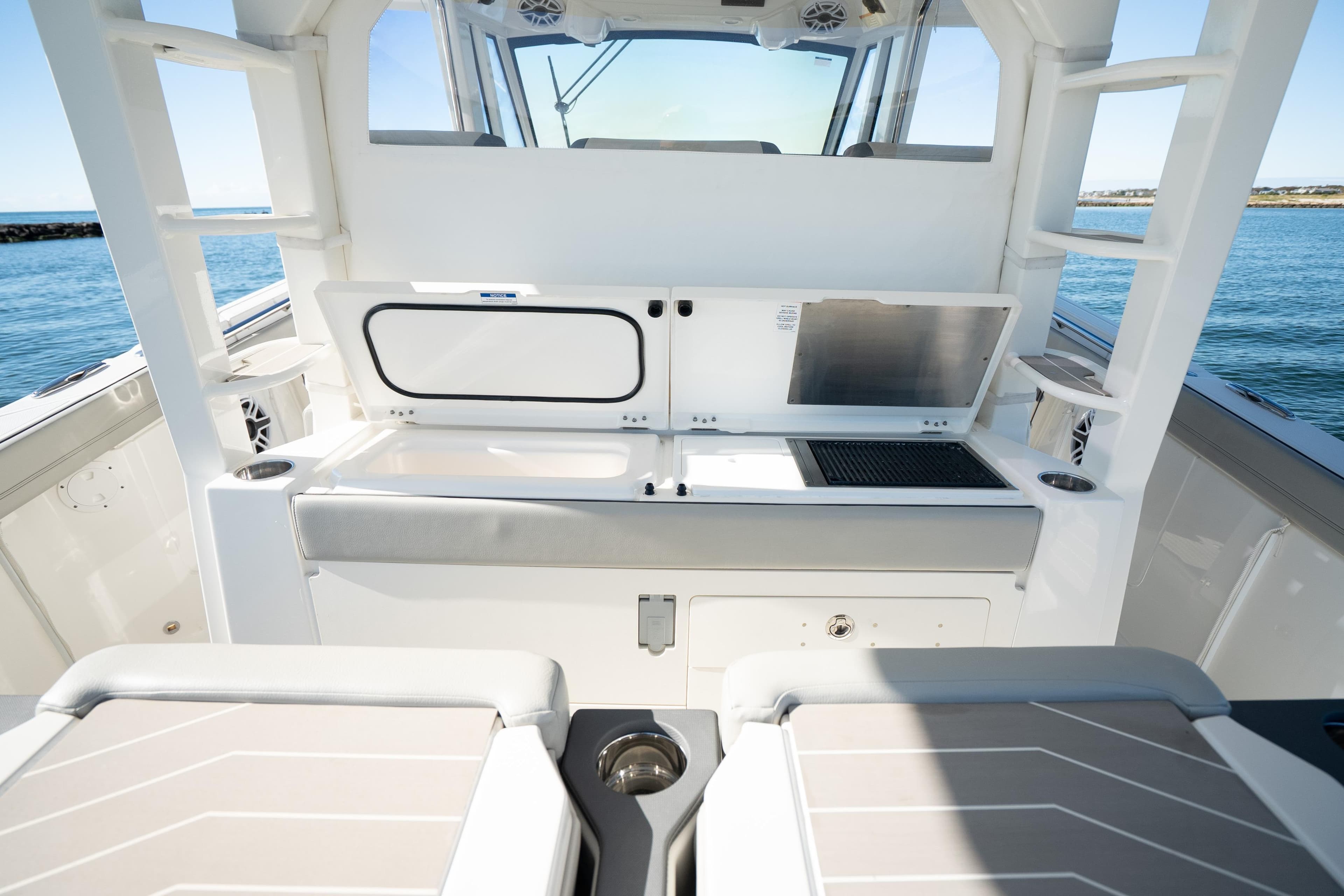 2023 Pursuit S 428 Sport boat interior with sleek design and modern amenities.