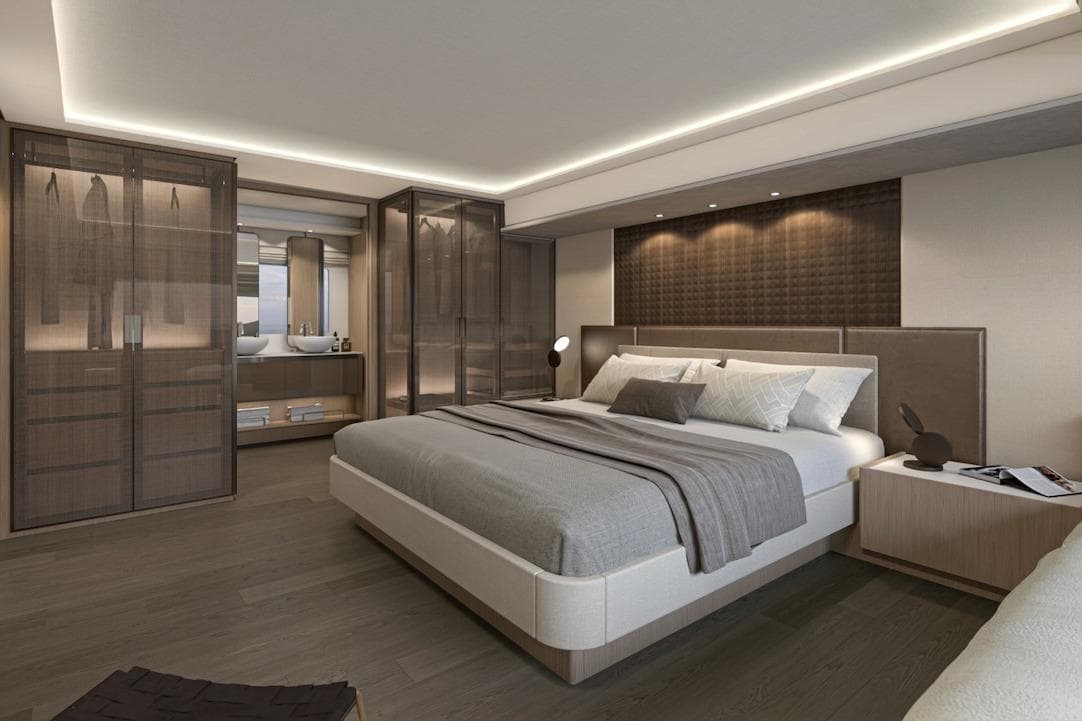 Luxurious bedroom in Prestige M7 yacht model 2026.