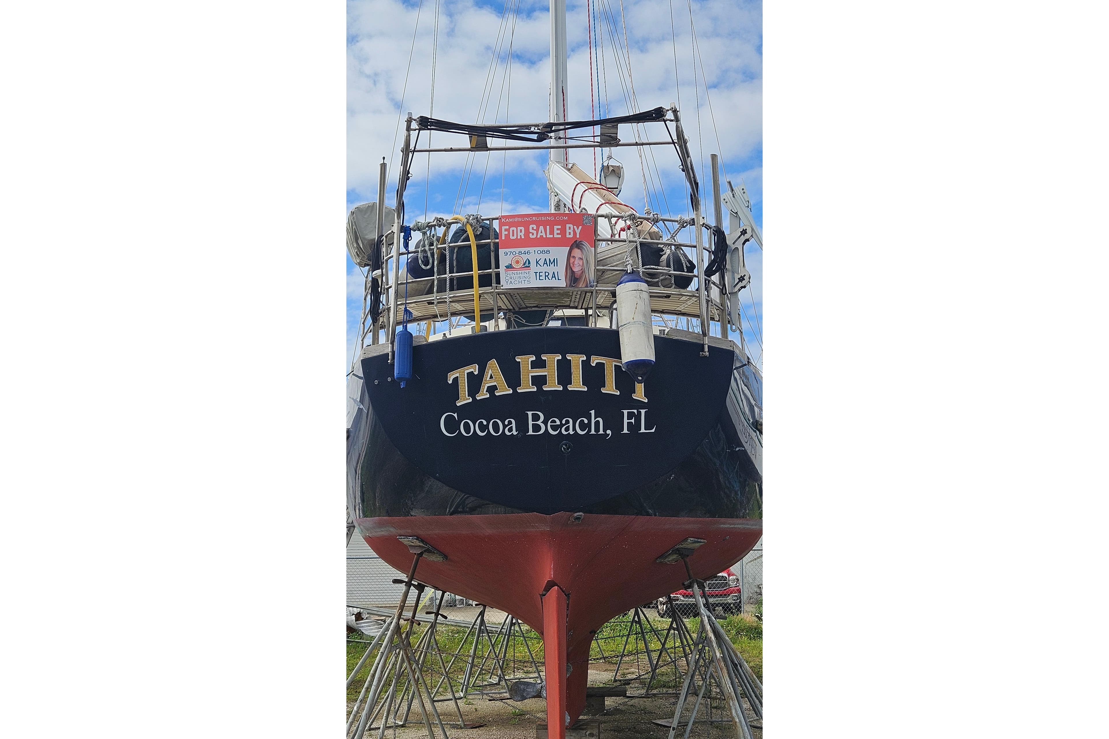 1980 Morgan 462 sailboat "Tahiti" for sale in Cocoa Beach, FL, on land.