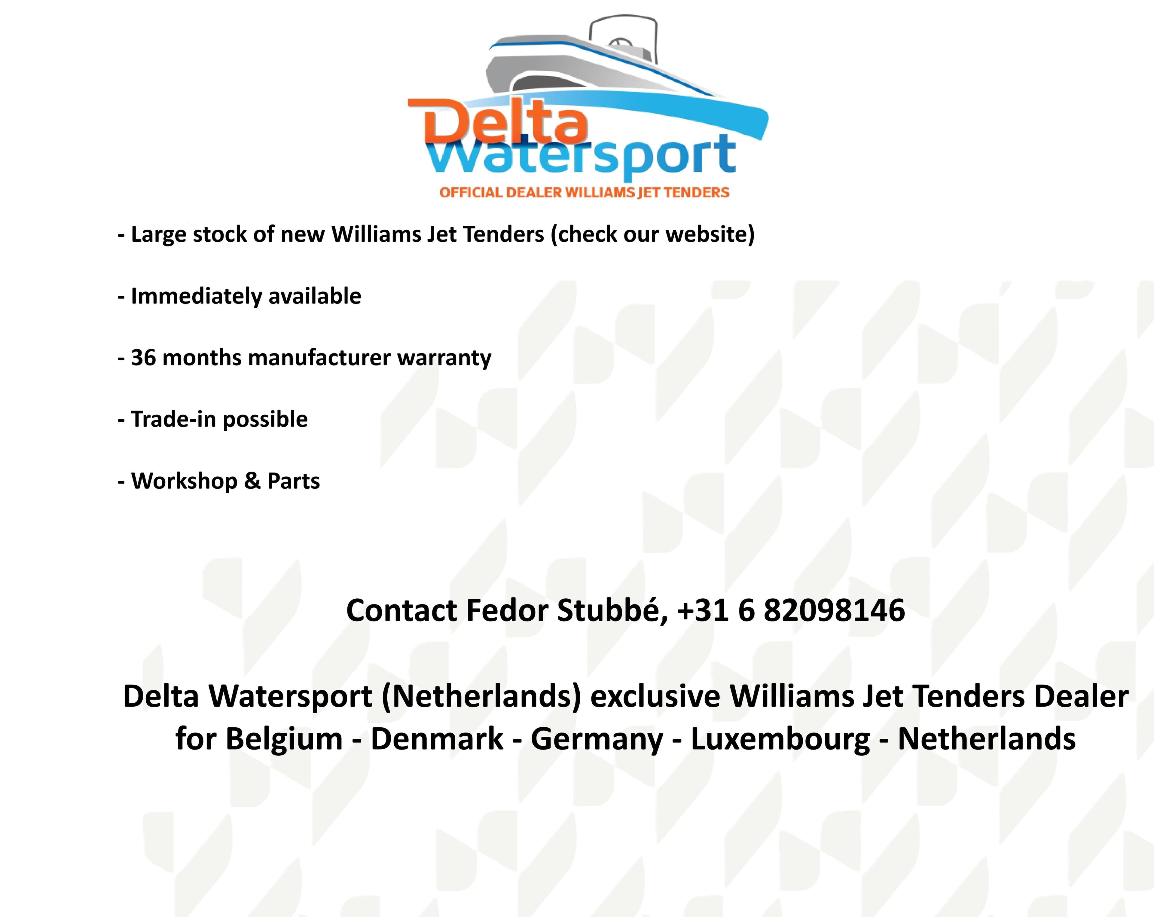 Delta Watersport offers Williams Jet Tenders Turbojet 325, 2025 model, with warranty and trade-in options.