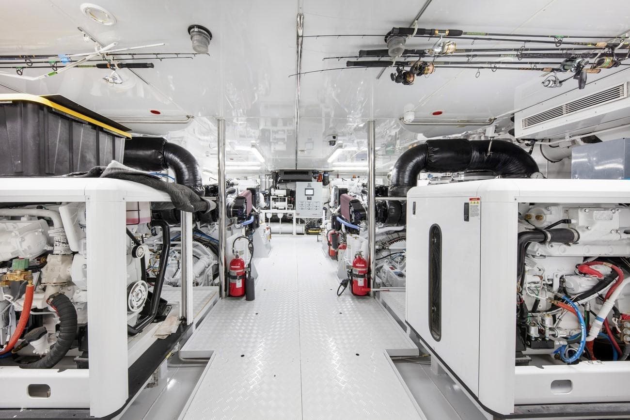 Engine room of 2006 Trinity Tri-Deck Motor Yacht, showcasing machinery and equipment.