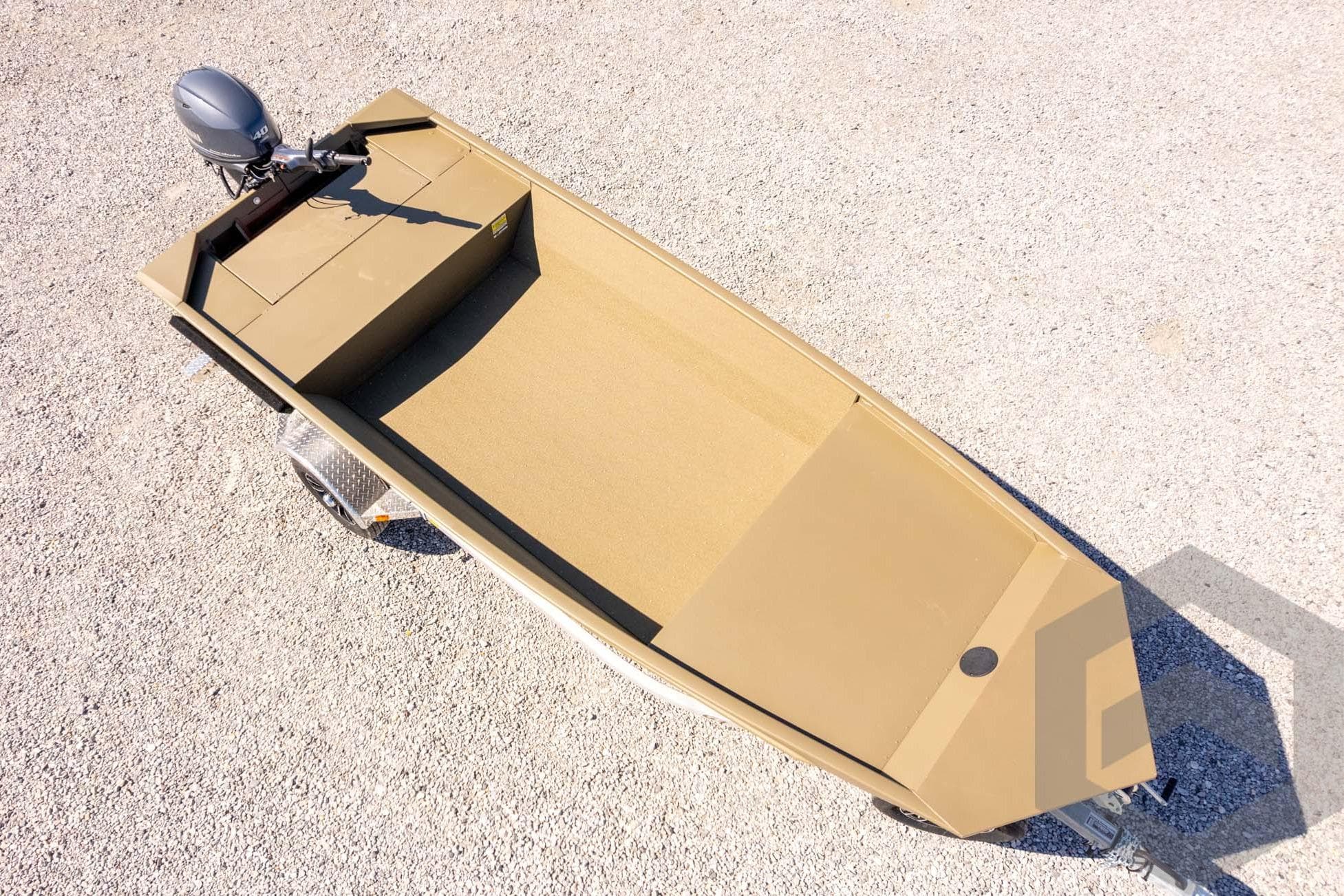 2026 G3 Gator Tough 1652 VBW boat on trailer, aerial view, gravel background.