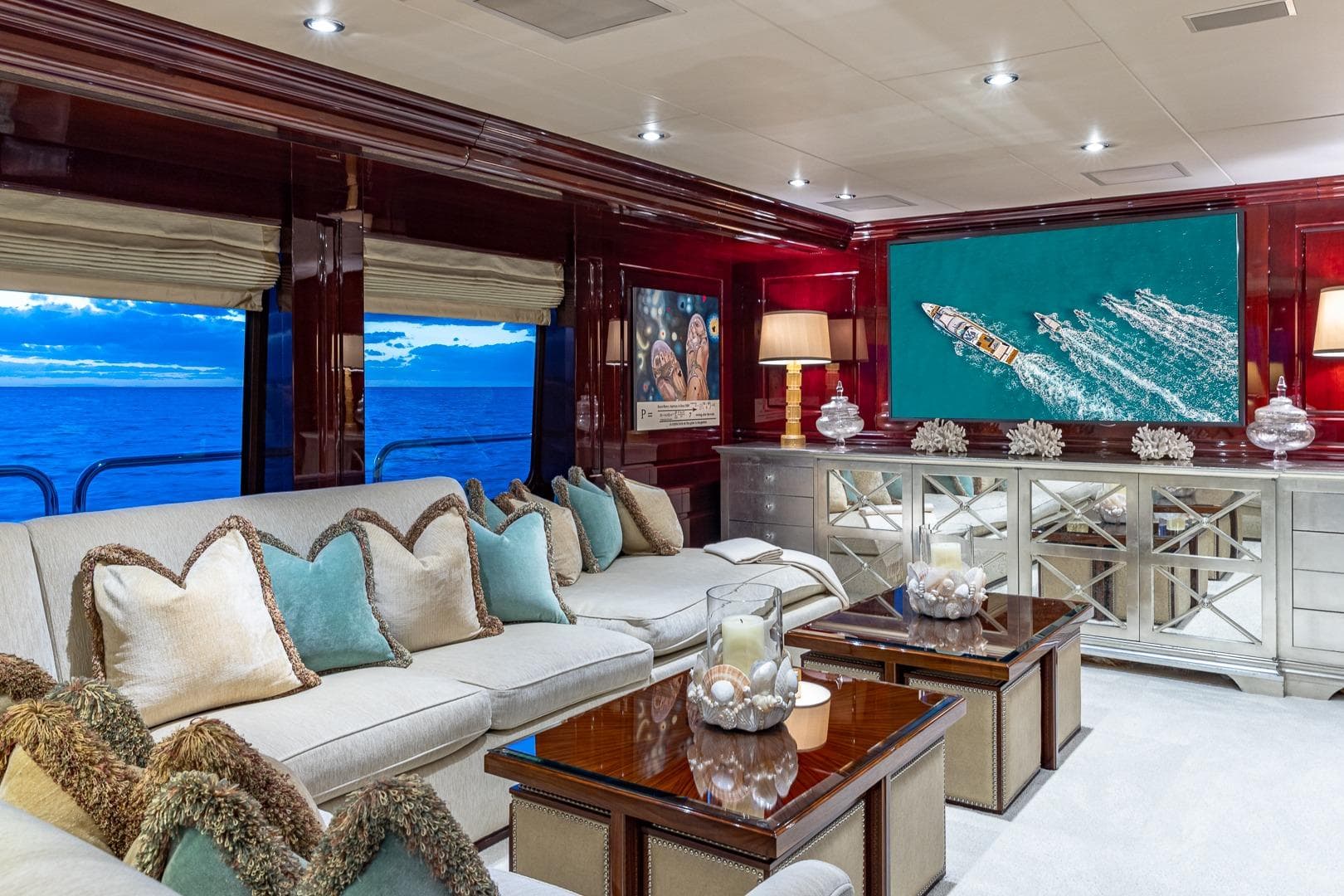 Luxurious interior of 2007 Christensen Tri-Deck yacht with elegant decor and ocean view.