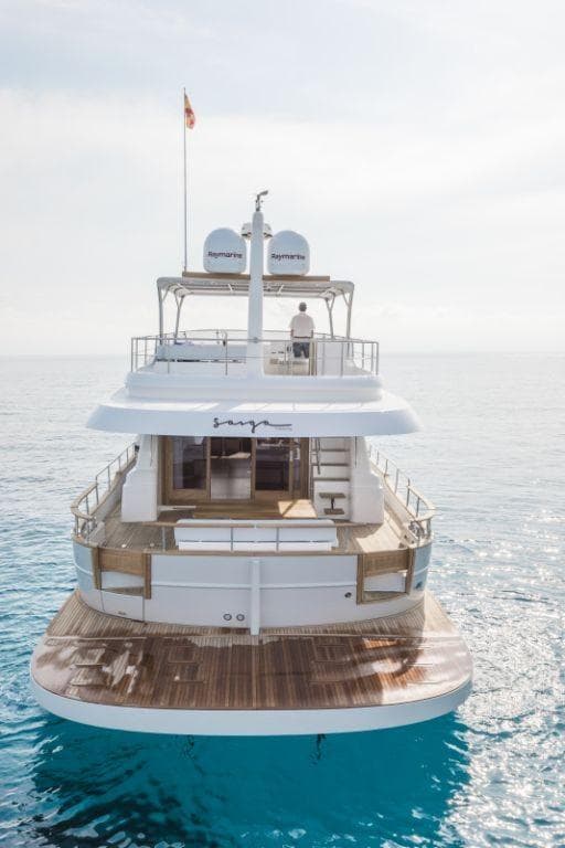 2026 Sasga Yachts Menorquin 68 FB on calm sea, rear view.