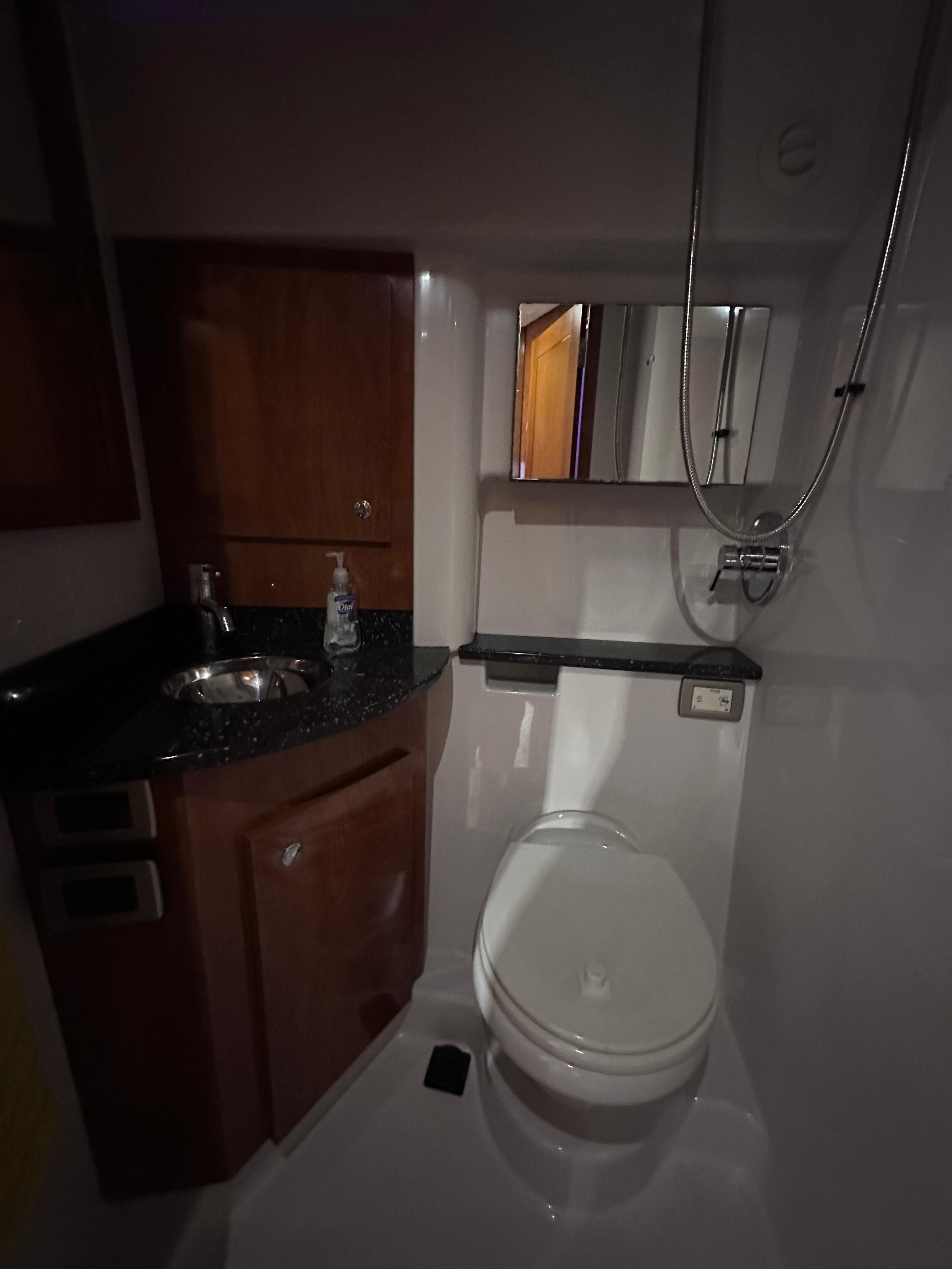 Compact bathroom in 2008 Four Winns V458 yacht with sink, toilet, and mirror.