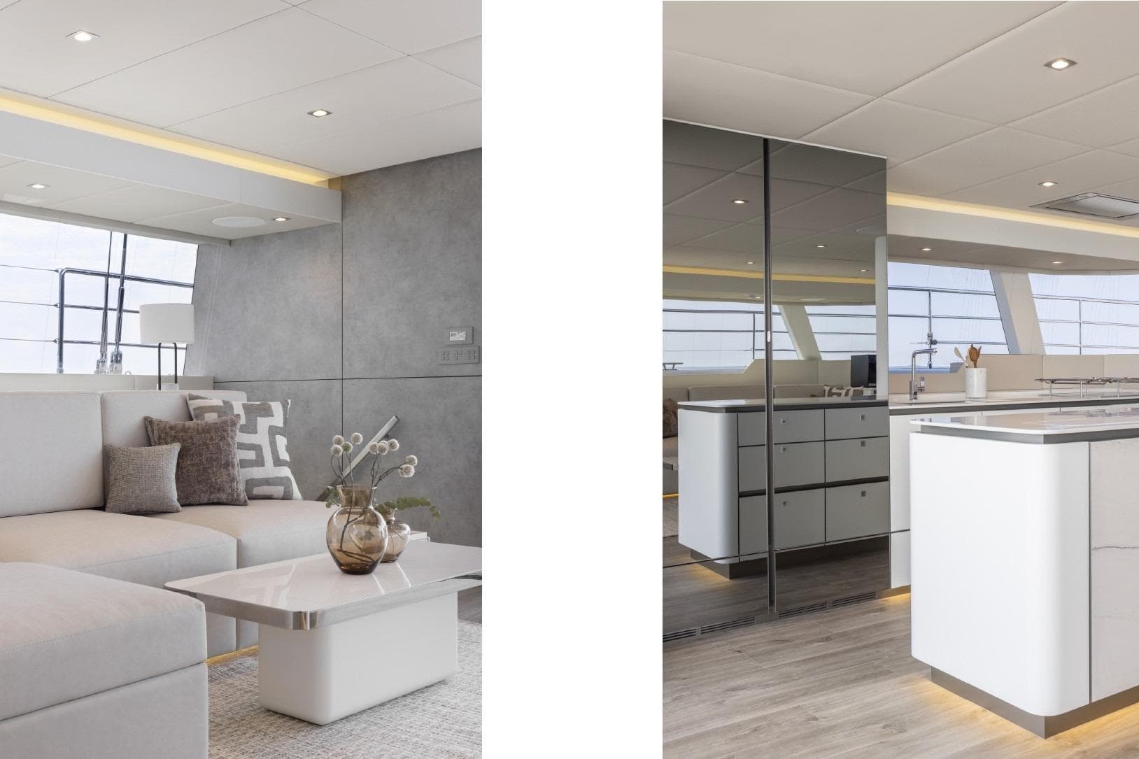 Luxurious interior of 2023 Sunreef 60 yacht with modern lounge and kitchen design.