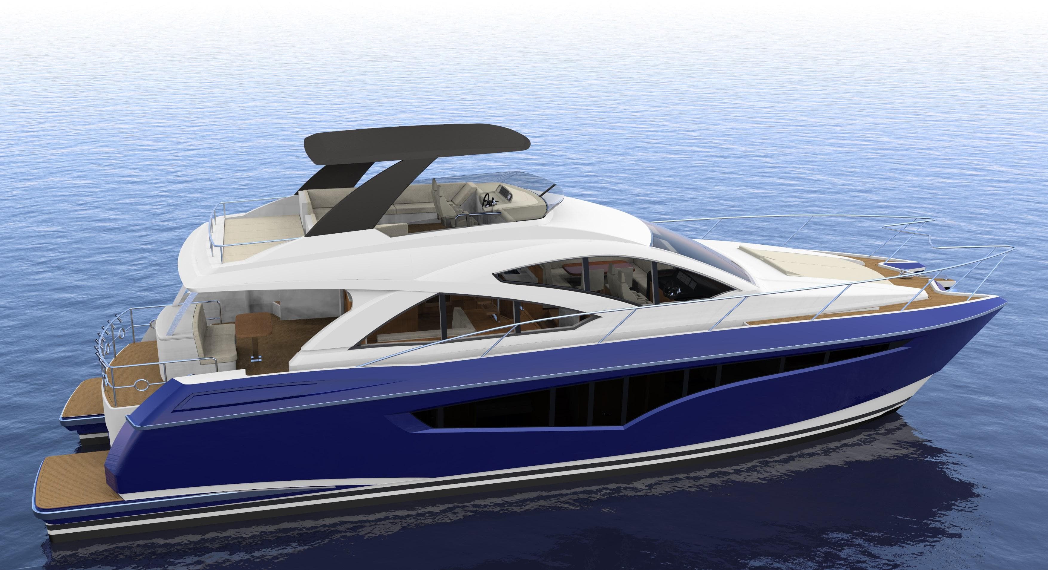 2026 Monte Fino C66 Power Catamaran on calm blue water, showcasing sleek design and luxury features.