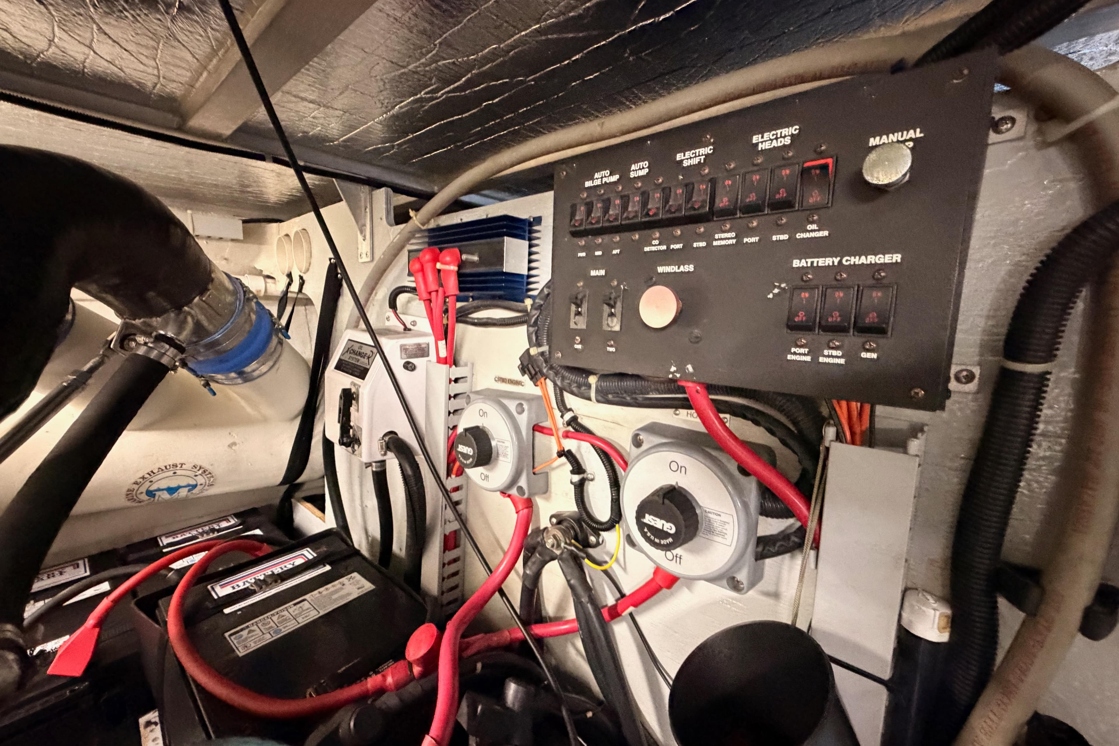 Engine room of 1999 Carver 530 Voyager Pilothouse with control panel and battery setup.