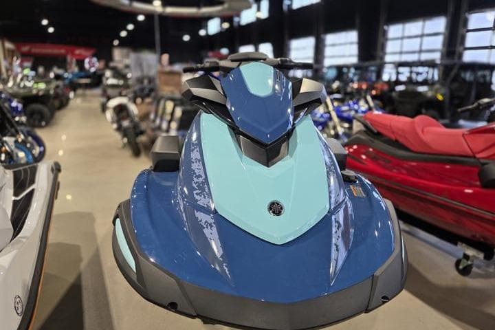 2026 Yamaha WaveRunner VX Cruiser in showroom, blue and light blue design.