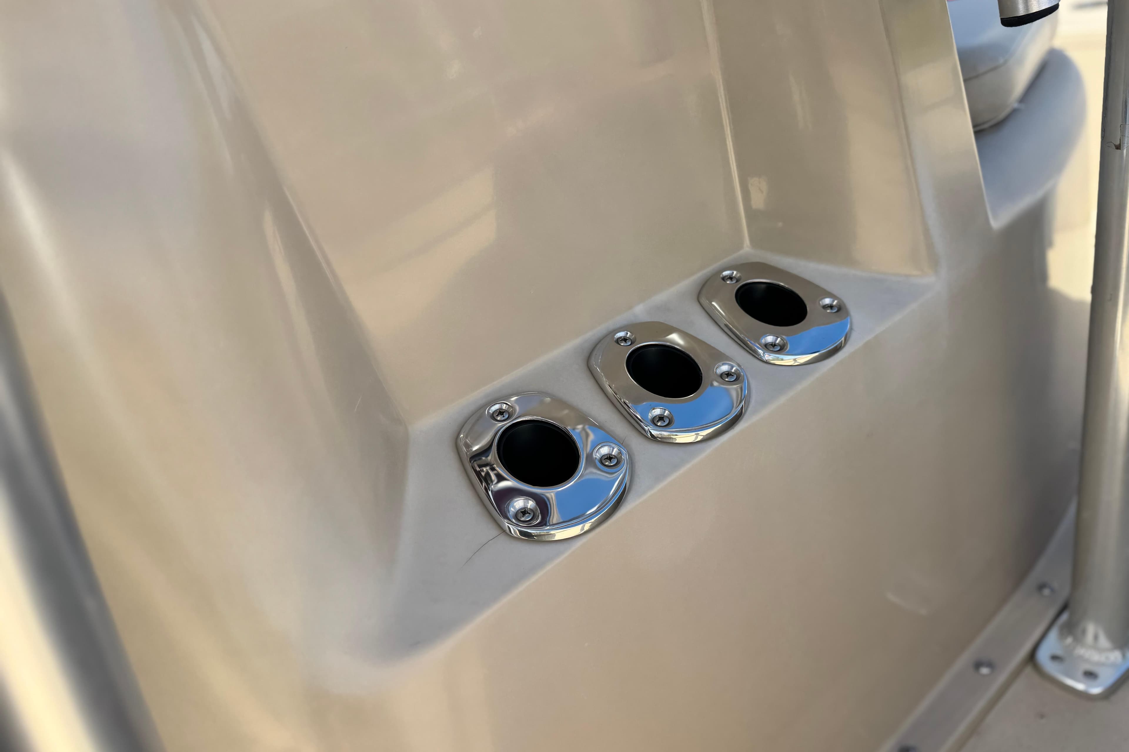 2021 G3 Bay 20 DLX boat rod holders with chrome finish.