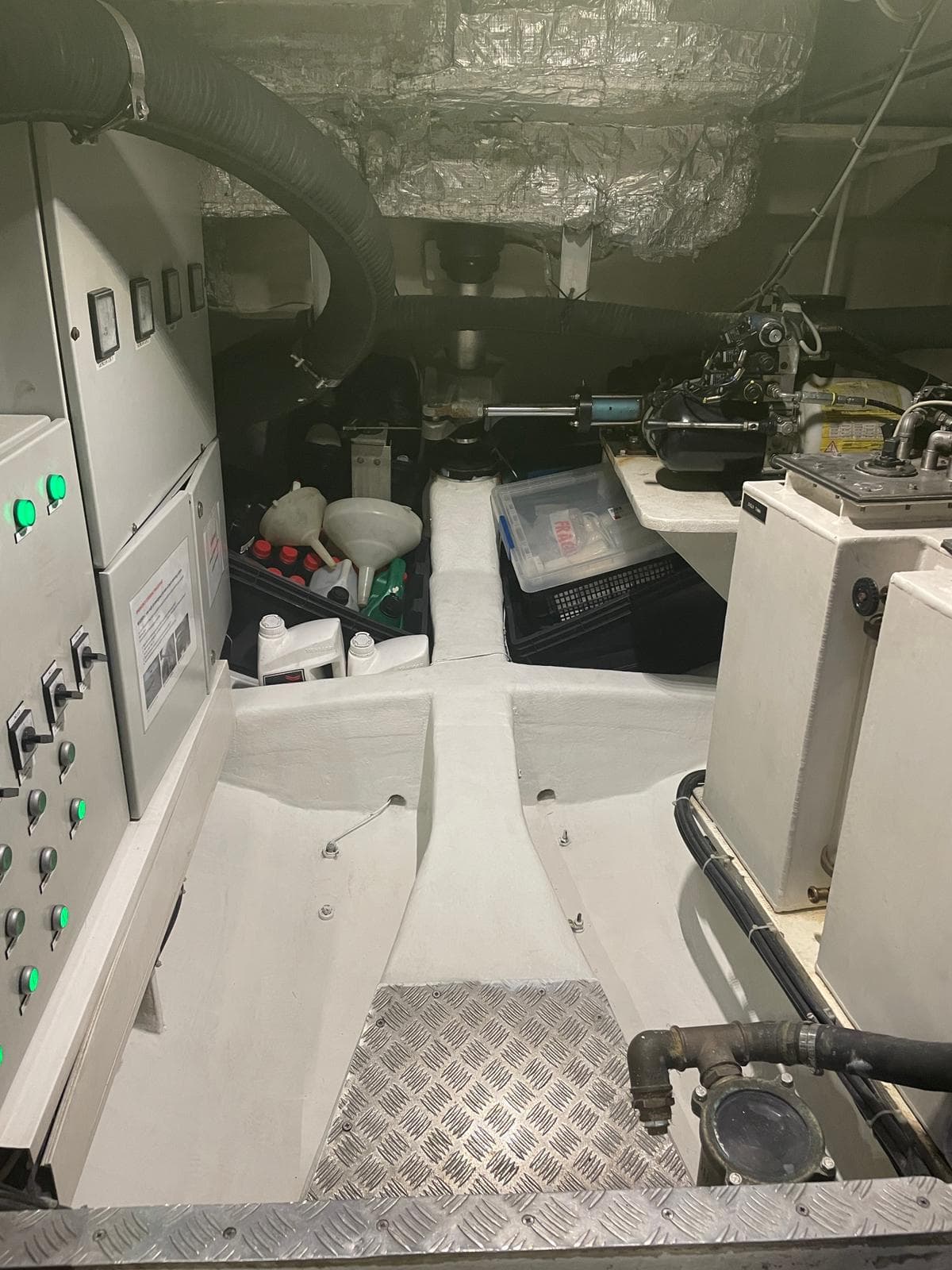 Engine room of a 2015 Sunreef 74 yacht with control panels and equipment.