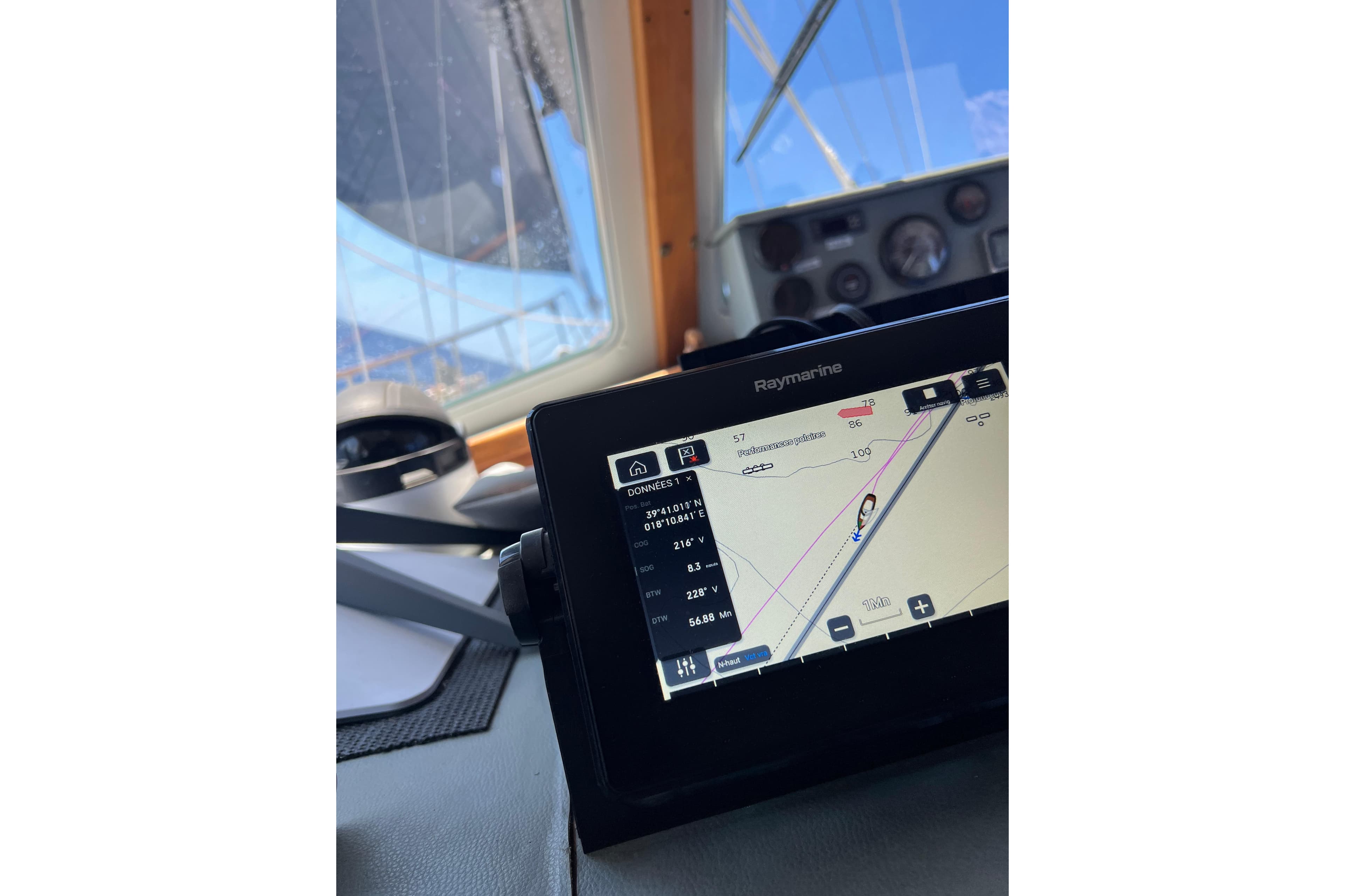 Navigation system on 1980 Nauticat 44 sailboat, displaying route and data.