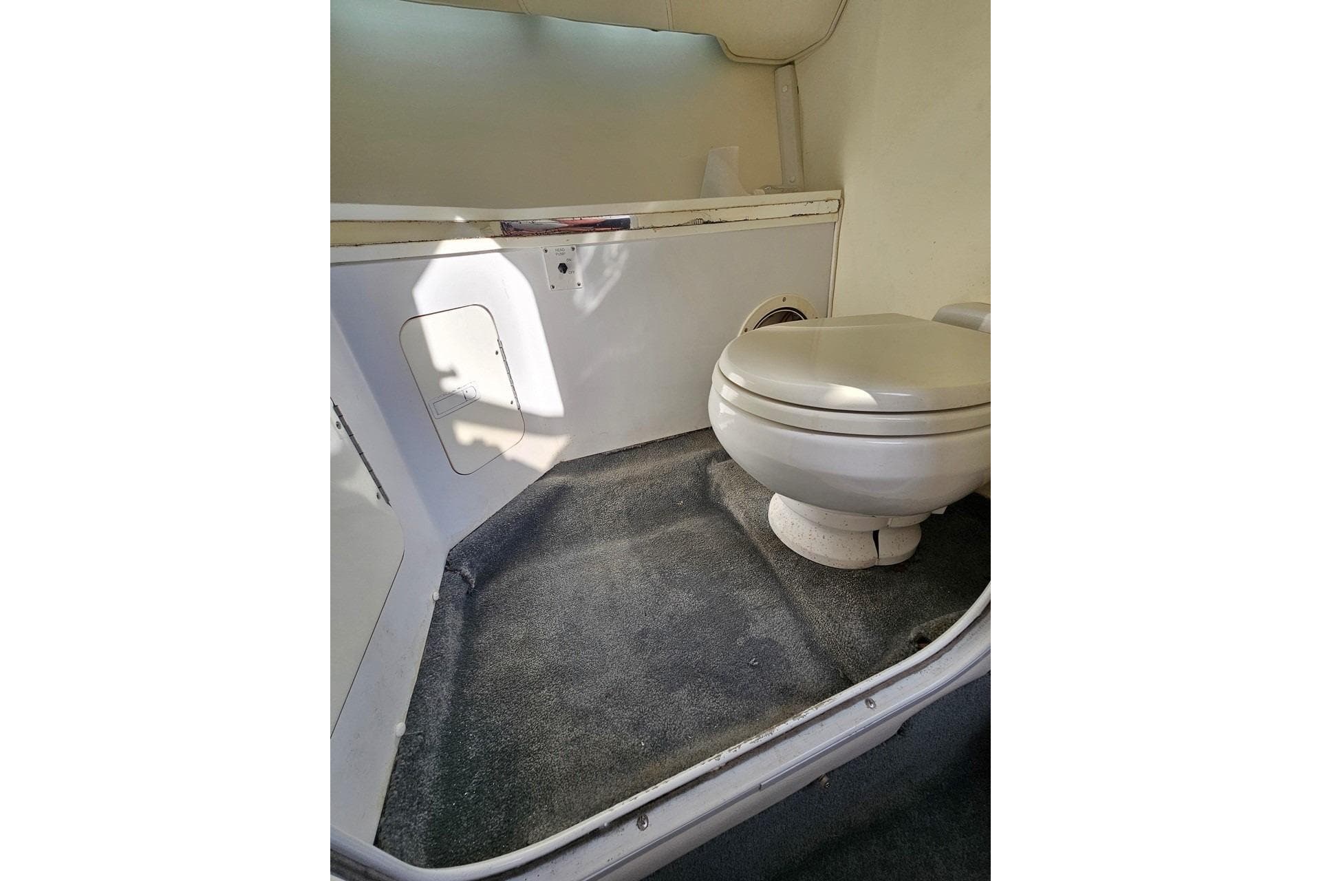 2004 Fountain 42 Lightning boat interior with toilet and carpeted floor.