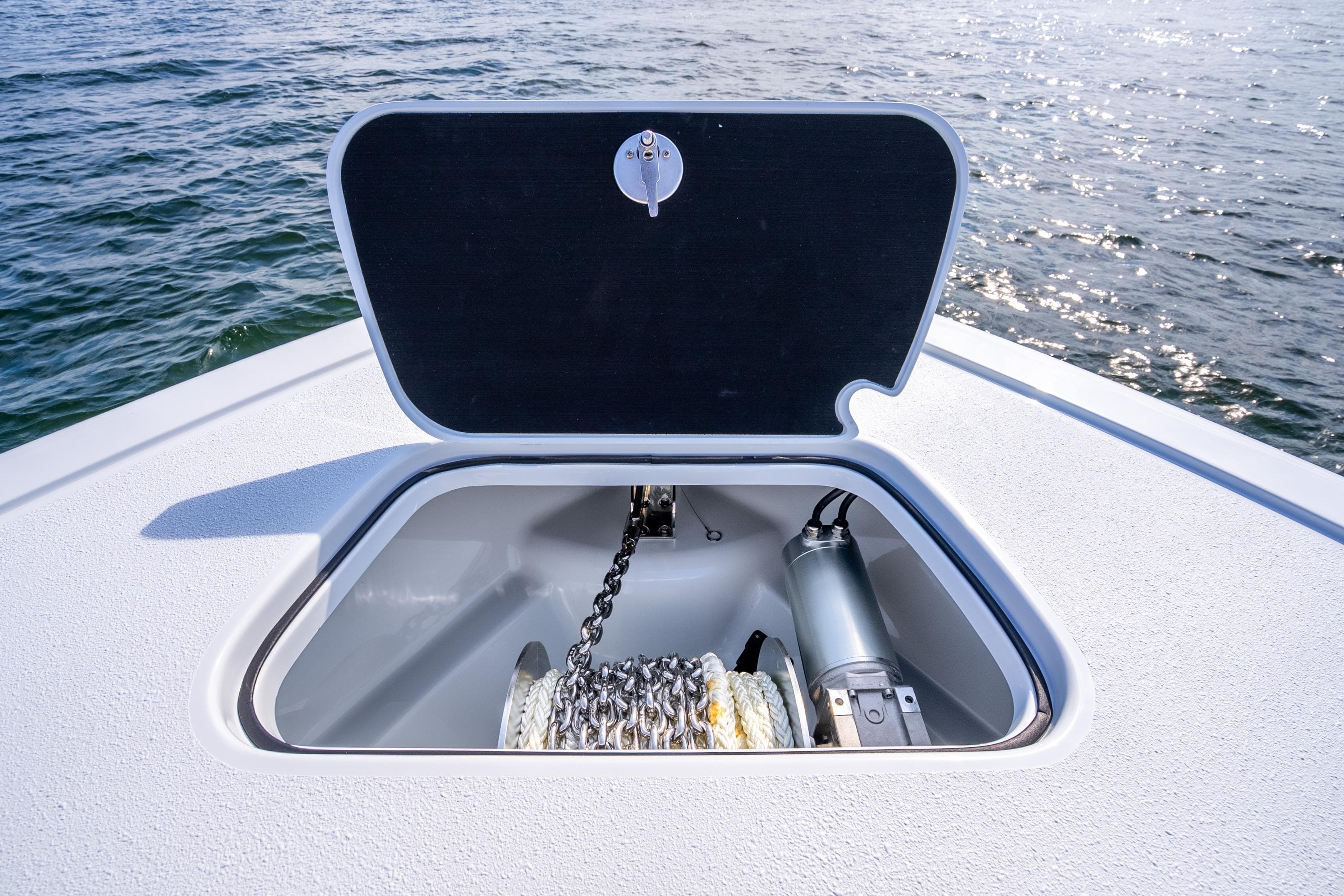 Anchor locker of Yellowfin 36 Offshore 2026 on open water.