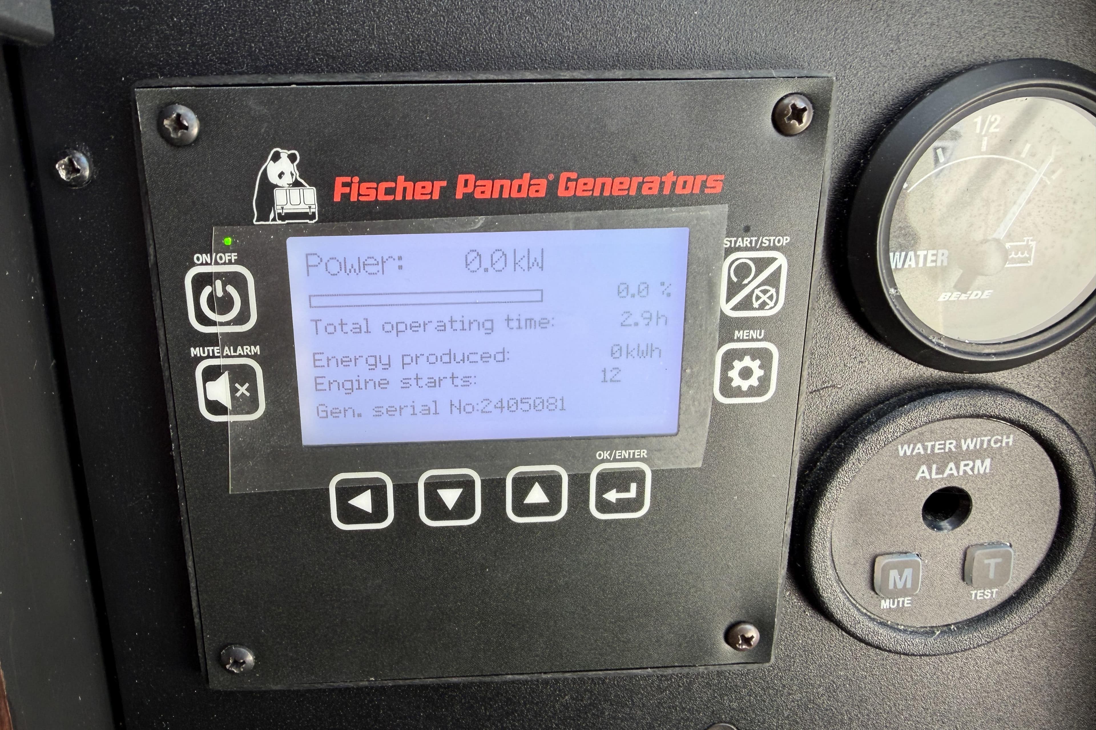 Fischer Panda generator display on 2021 Pursuit S 378 Sport boat dashboard.